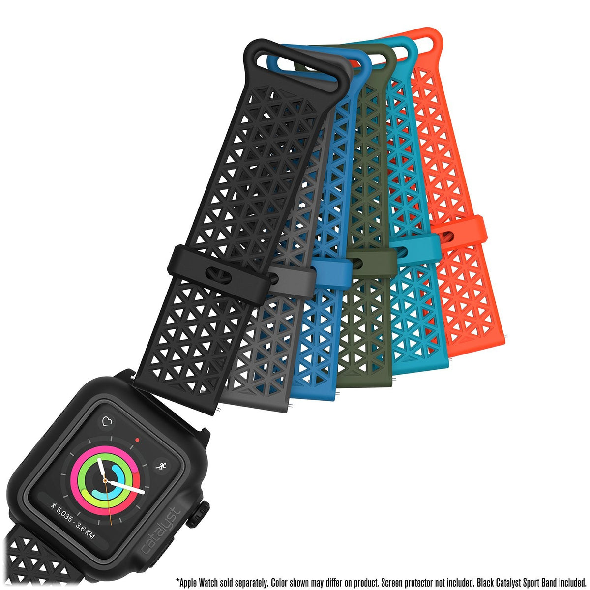 catalyst apple watch series 3 42mm waterproof case sport band showing the catalyst case and bands black gray blue lightblue army green orange
