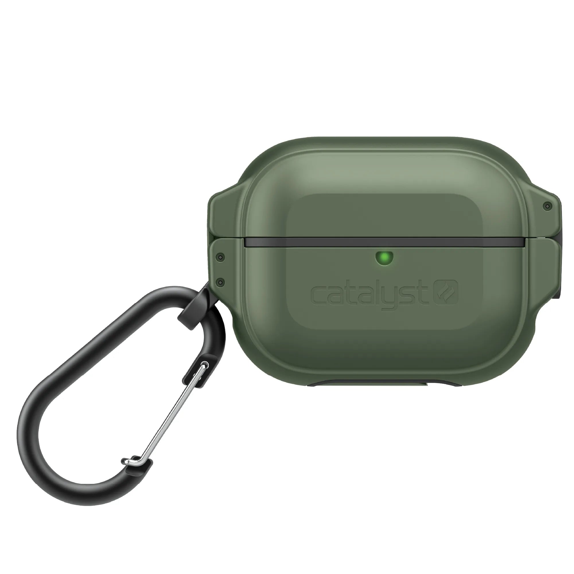 A green Catalyst Case US AirPods Pro (Gen 2/1) 100M Waterproof Total Protection Case with a secure lid, black carabiner on the left, Catalyst logo and LED indicator above it, shown against a white background.