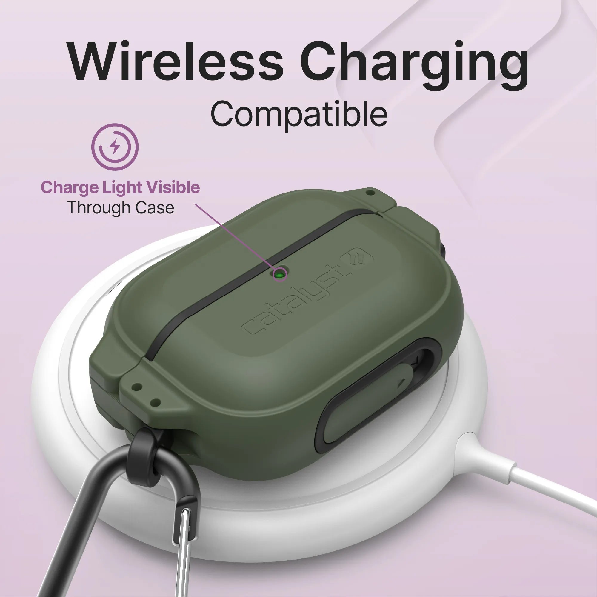 A Catalyst Case US AirPods Pro (Gen 2/1) 100M Waterproof Total Protection Case + Carabiner in green rests on a white charging pad. Text above reads "Wireless Charging Compatible" and "Charge Light Visible Through Case" with an arrow to the light.
