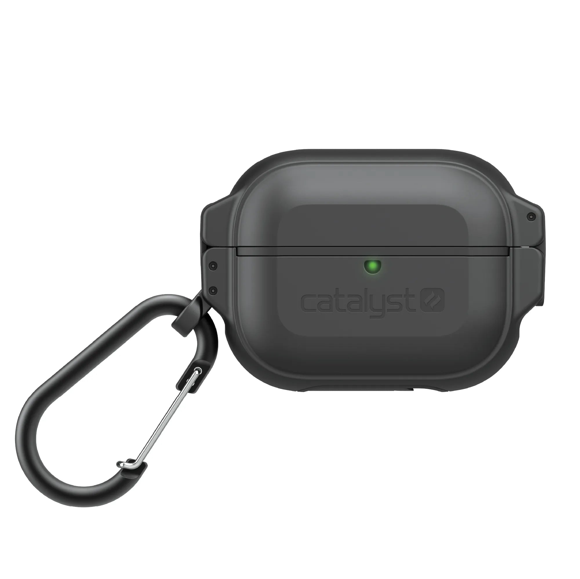 The Catalyst Case US AirPods Pro (Gen 2/1) 100M Waterproof Total Protection Case is black, features a front green LED indicator, smooth rounded design with embossed logo, and includes a built-in black carabiner on the left for easy carrying.