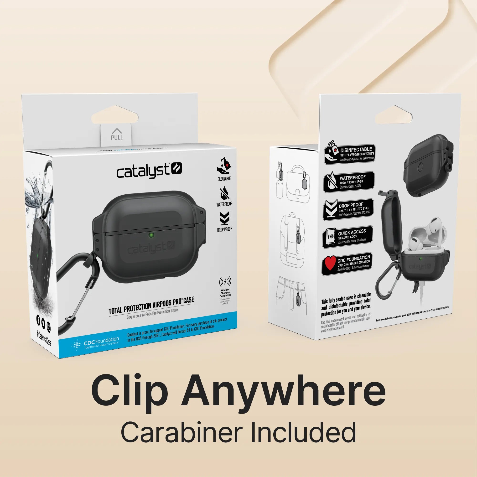 Two Catalyst Case US AirPods Pro (Gen 2/1) 100M Waterproof Total Protection Cases are shown. Front highlights waterproof and drop-proof features; back lists carabiner, waterproof seal, quick access, and rugged protection.