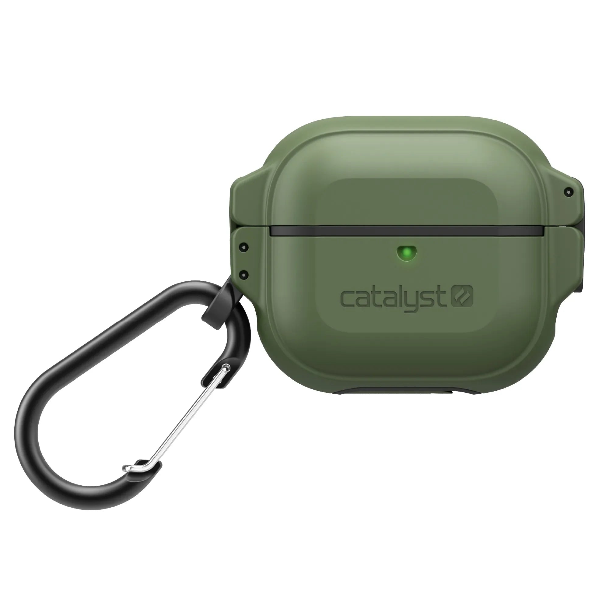 The Catalyst Case US AirPods (Gen 3) 330ft Waterproof Total Protection Case features a rugged, rectangular design in green and includes a black carabiner plus LED indicator, protecting your AirPods and clipping easily to bags or belts.