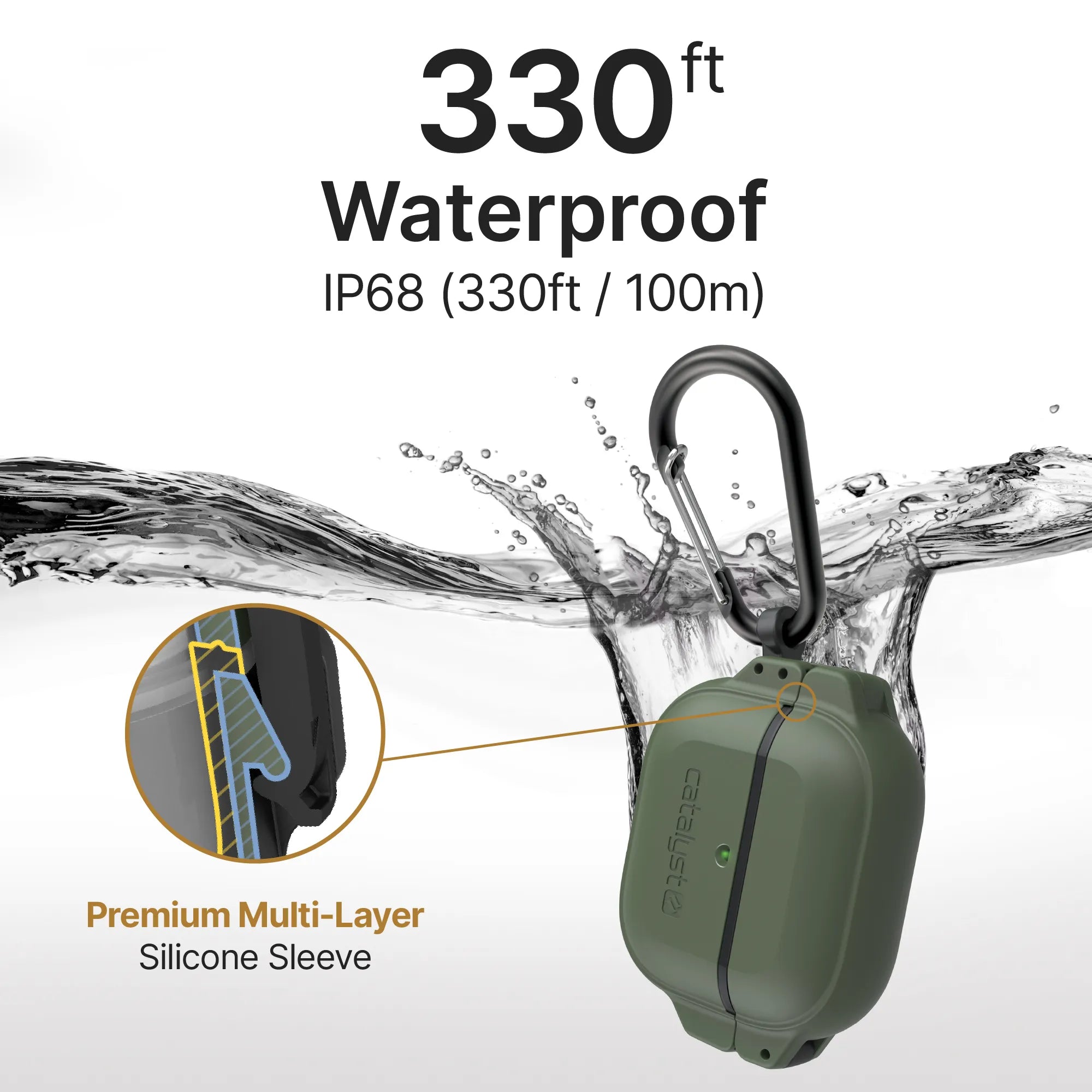 The Catalyst Case US AirPods (Gen 3) - 330ft Waterproof Total Protection Case + Carabiner is shown partially submerged, highlighting its IP68 waterproof rating and premium multi-layer silicone sleeve for maximum durability.