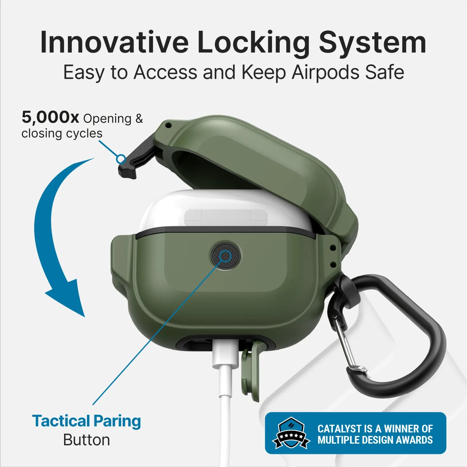 The Catalyst Case US AirPods (Gen 3) 330ft Waterproof Total Protection Case in green features a black carabiner, “Tactical Pairing Button,†and withstands 5,000x lid cycles for long-lasting, durable protection.