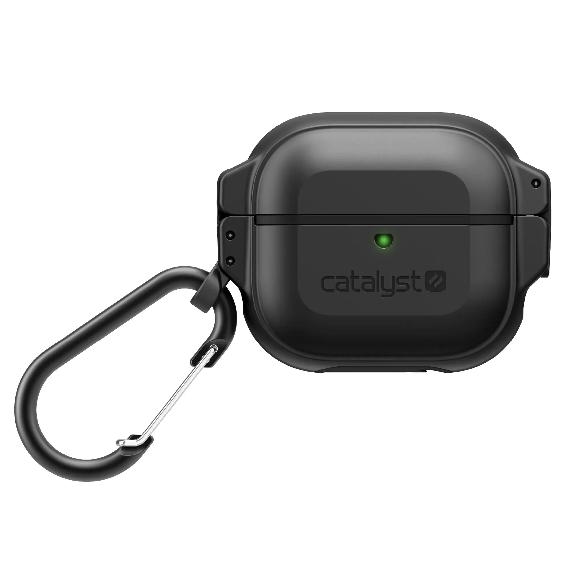 The Catalyst Case US AirPods (Gen 3) 330ft Waterproof Total Protection Case features a green indicator light on the front and includes a black carabiner clip for secure, easy-to-identify wireless earbud protection.