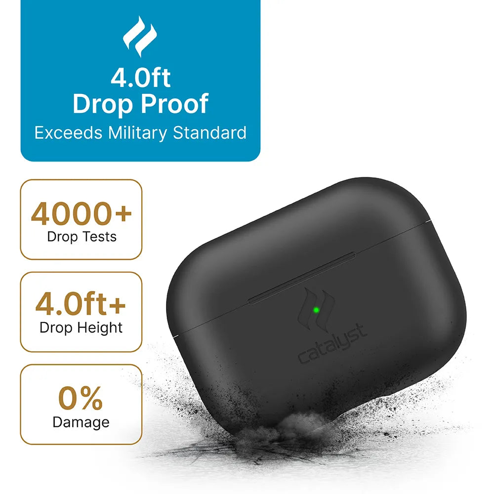 A Catalyst Case US AirPods Pro (Gen 2/1) Slim Case in black bounces on a dirty surface. Text: “4.0ft Drop Proofâ€â€ÂExceeds Military Standard,†“4000+ Drop Tests,†and “0% Damage.†Green light highlights drop-resistant design.