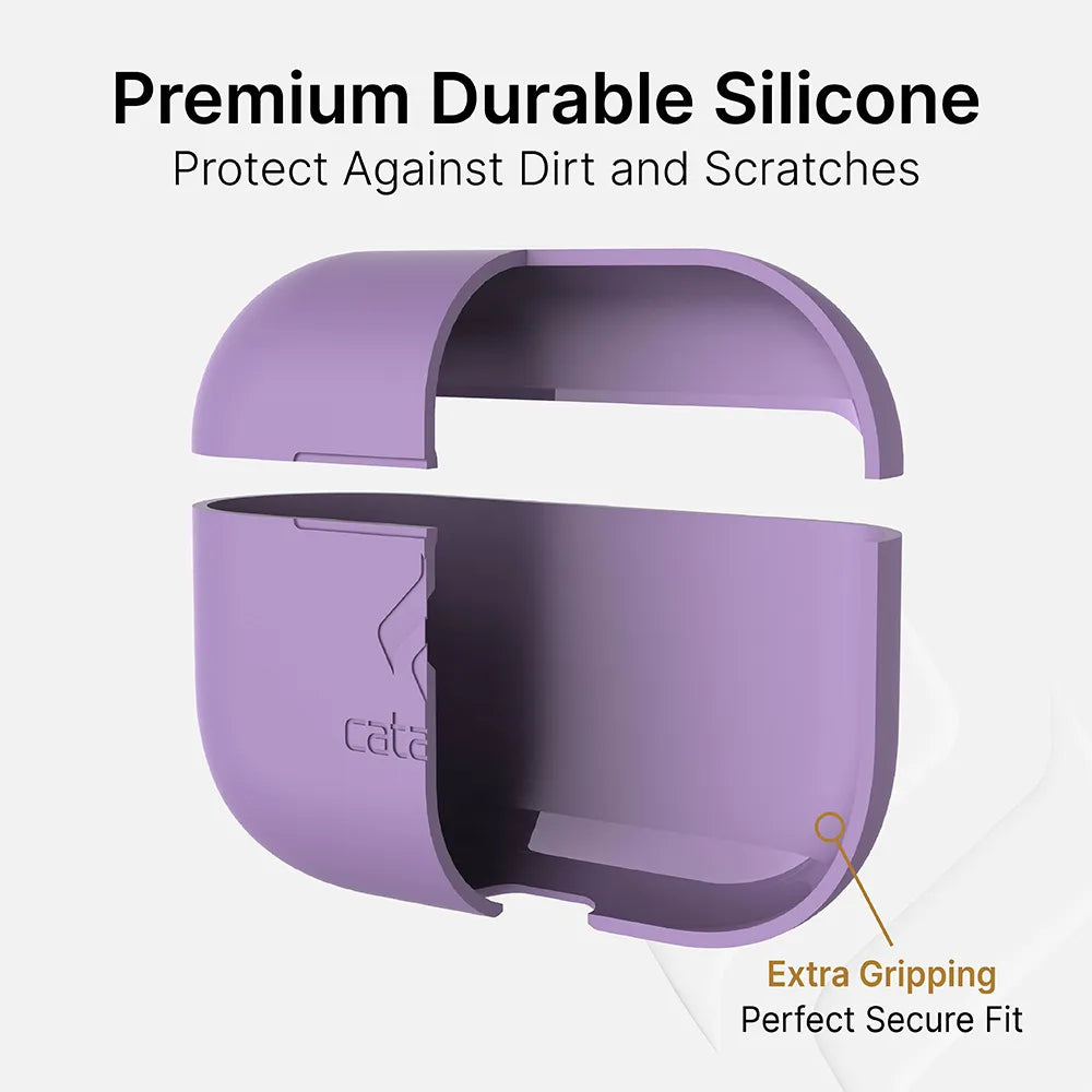 The Catalyst Case US AirPods Pro (Gen 2/1) - Slim Case in purple silicone comes in two parts, offering a snug, secure fit. Text highlights: "Premium Durable Siliconeâ€â€ÂProtect Against Dirt and Scratches" and "Extra Grippingâ€â€ÂPerfect Secure Fit.