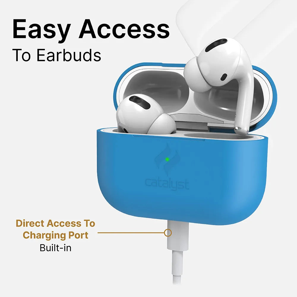 A pair of white AirPods Pro (Gen 2/1) rest in an open blue Catalyst Case US Slim Case, providing easy earbud access. The image highlights a cable plugged into the built-in charging port for convenient charging.