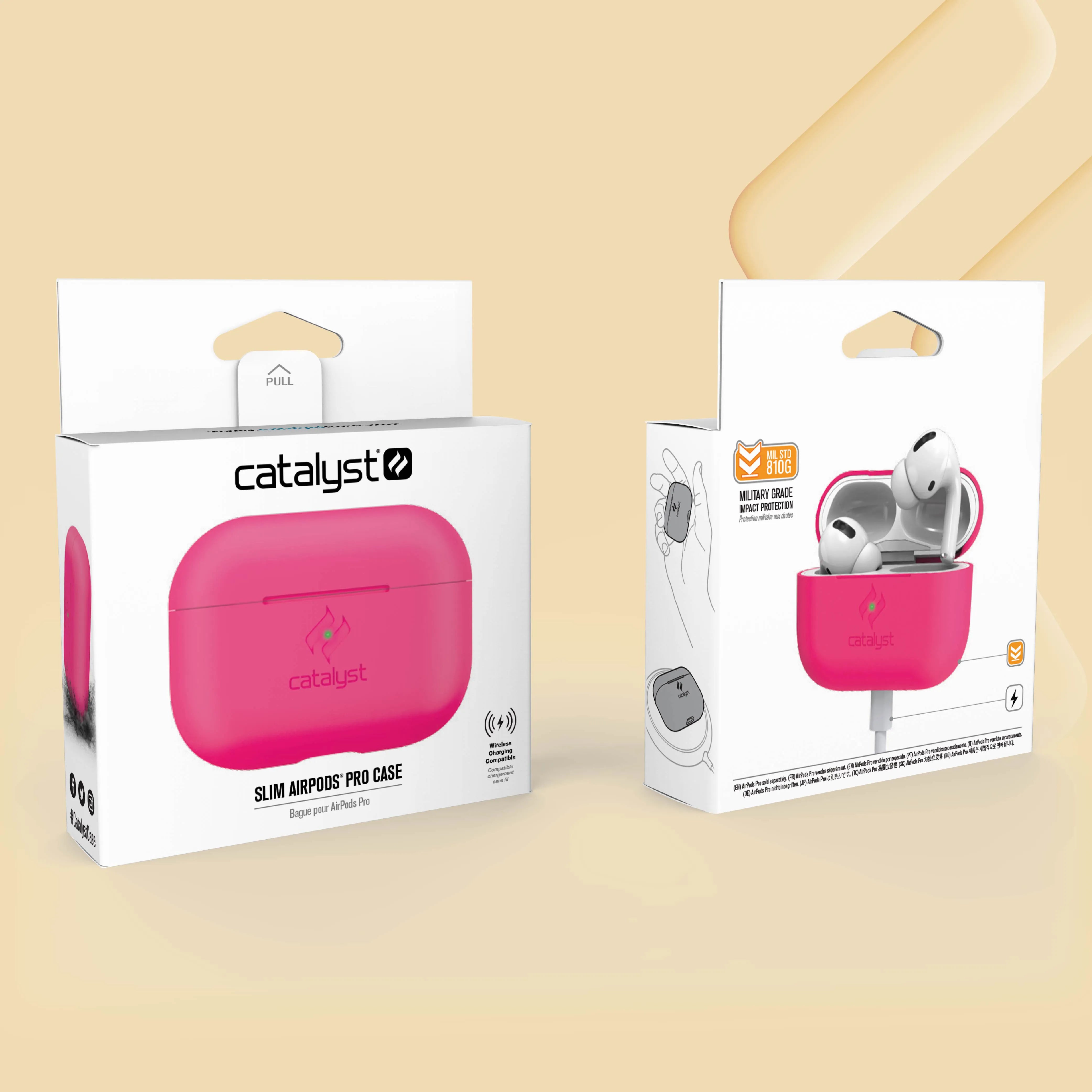 Two Catalyst Case US product boxes are displayed on a beige background, featuring the bright pink AirPods Pro (Gen 2/1) Slim Case. The packaging showcases charging access and an open lid, emphasizing its sleek, protective design.