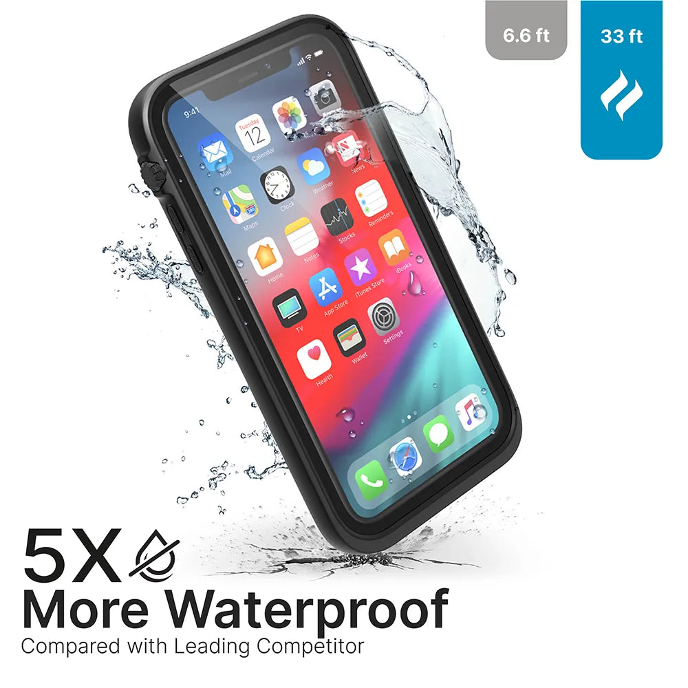 A Catalyst Case US iPhone XR - Waterproof Case in rugged black is splashed with water. Text: “5X More Waterproof Compared with Leading Competitor.” Graphic shows 6.6 ft vs 33 ft water resistance. Phone displays app icons.