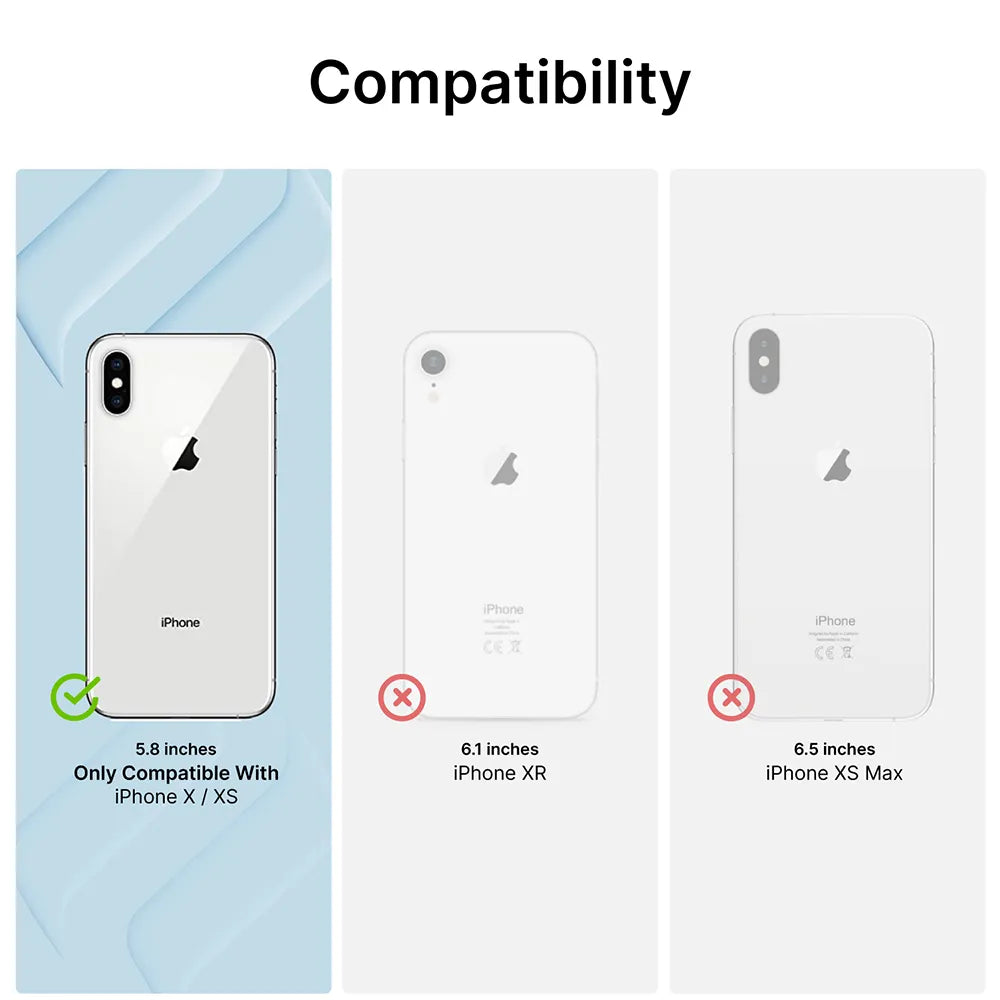 Comparison graphic displays three iPhones. Only the 5.8-inch iPhone X / XS has a green check with "Compatible with Catalyst Case US iPhone Xs - Waterproof Case." iPhone XR (6.1") and XS Max (6.5") show red X marks for incompatibility.