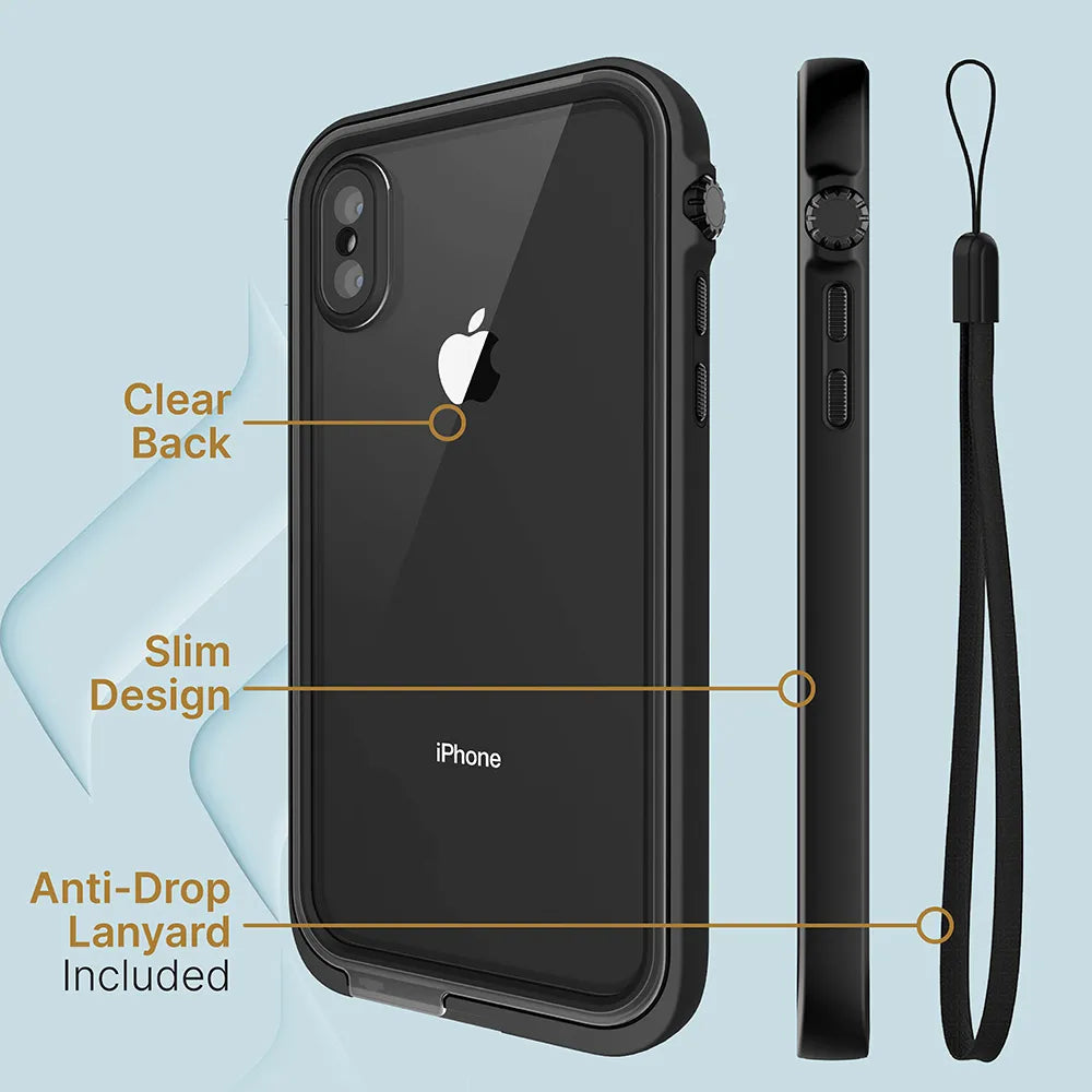 A Catalyst Case US iPhone Xs Waterproof Case in black with a clear back is shown from the back and side, featuring a "Clear Back," "Slim Design," and "Anti-Drop Lanyard Included" with an attached black lanyard on a light blue background.