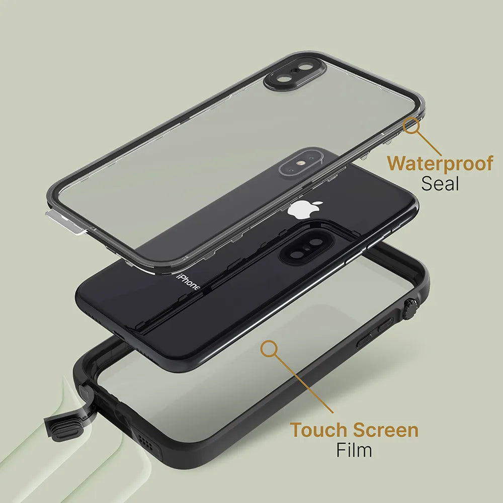 An exploded view of the iPhone Xs inside the Catalyst Case US Waterproof Case shows a top “Waterproof Seal,” middle iPhone, and bottom “Touch Screen Film” layer, all set against a light green background.