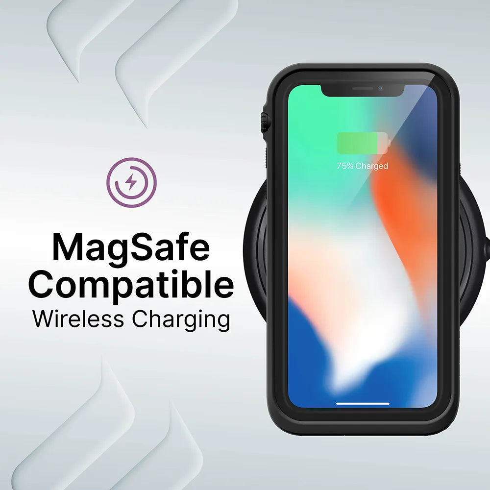 An iPhone Xs in a black Catalyst Case US waterproof case charges wirelessly on a MagSafe charger, displaying 75% battery. "MagSafe Compatible Wireless Charging" text and a lightning bolt icon appear, with abstract shapes in the corners.