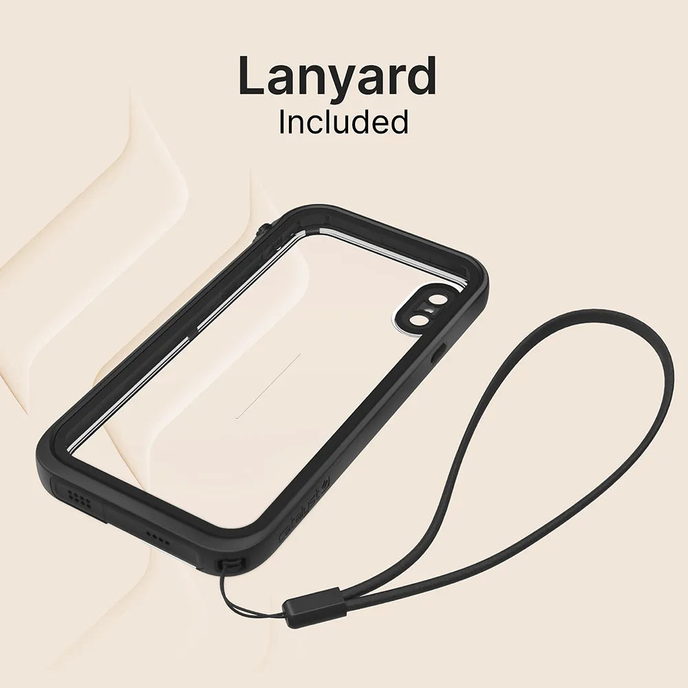 Catalyst Case US iPhone Xs Waterproof Case with black edges and a detachable black lanyard, shown on a beige background. Camera and port cutouts are precise. Large text reads “Lanyard Included,” highlighting the lanyard feature.