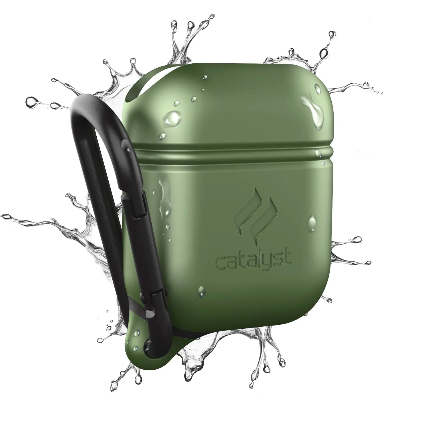 The Catalyst Case US AirPods (Gen 2/1) Waterproof Case in Army Green is shown with a black carabiner and water splashing around it, highlighting its sturdy, minimalist design and waterproof protection.