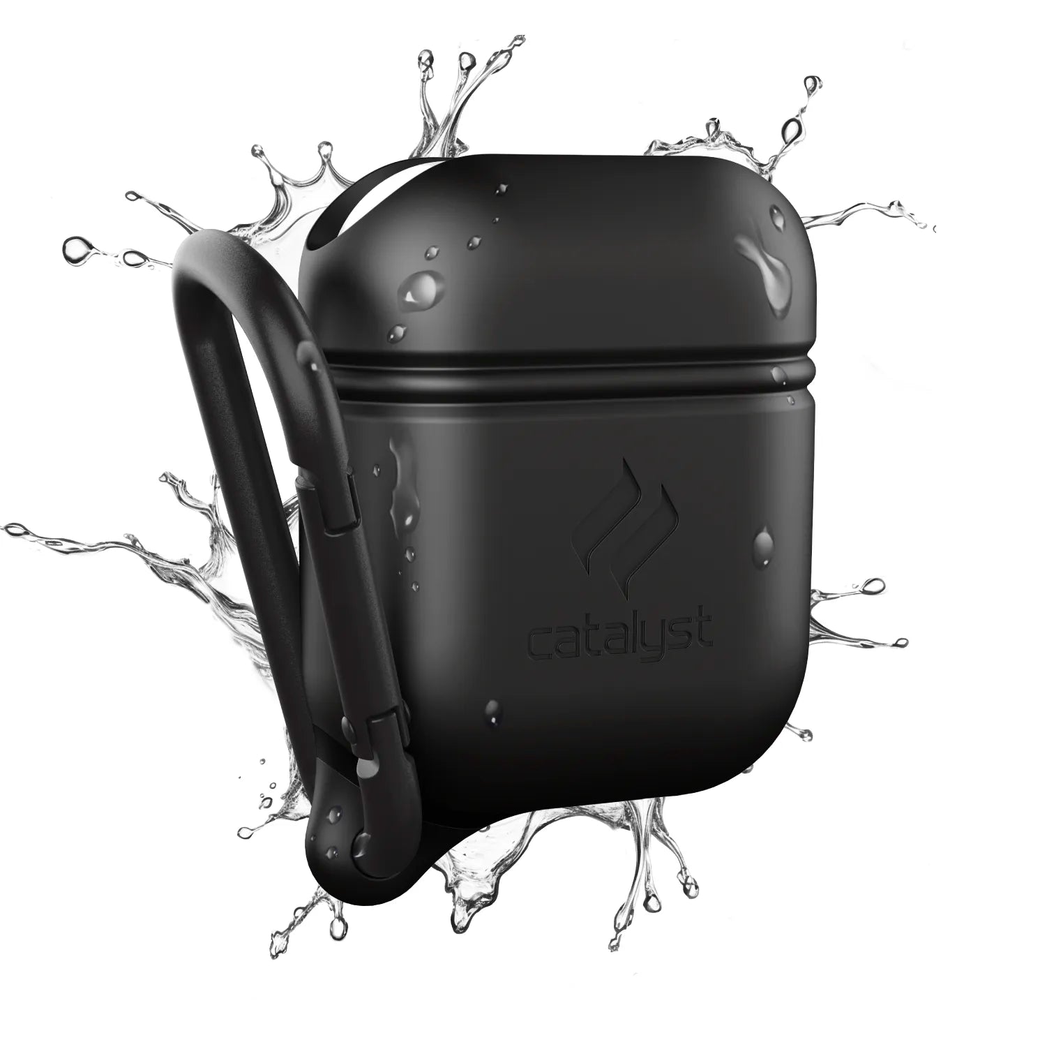 The Catalyst Case US AirPods (Gen 2/1) Waterproof Case in Black is shown with a carabiner and water splashes, emphasizing its durability and waterproof protection. No product description text appears in the image for SEO analysis.