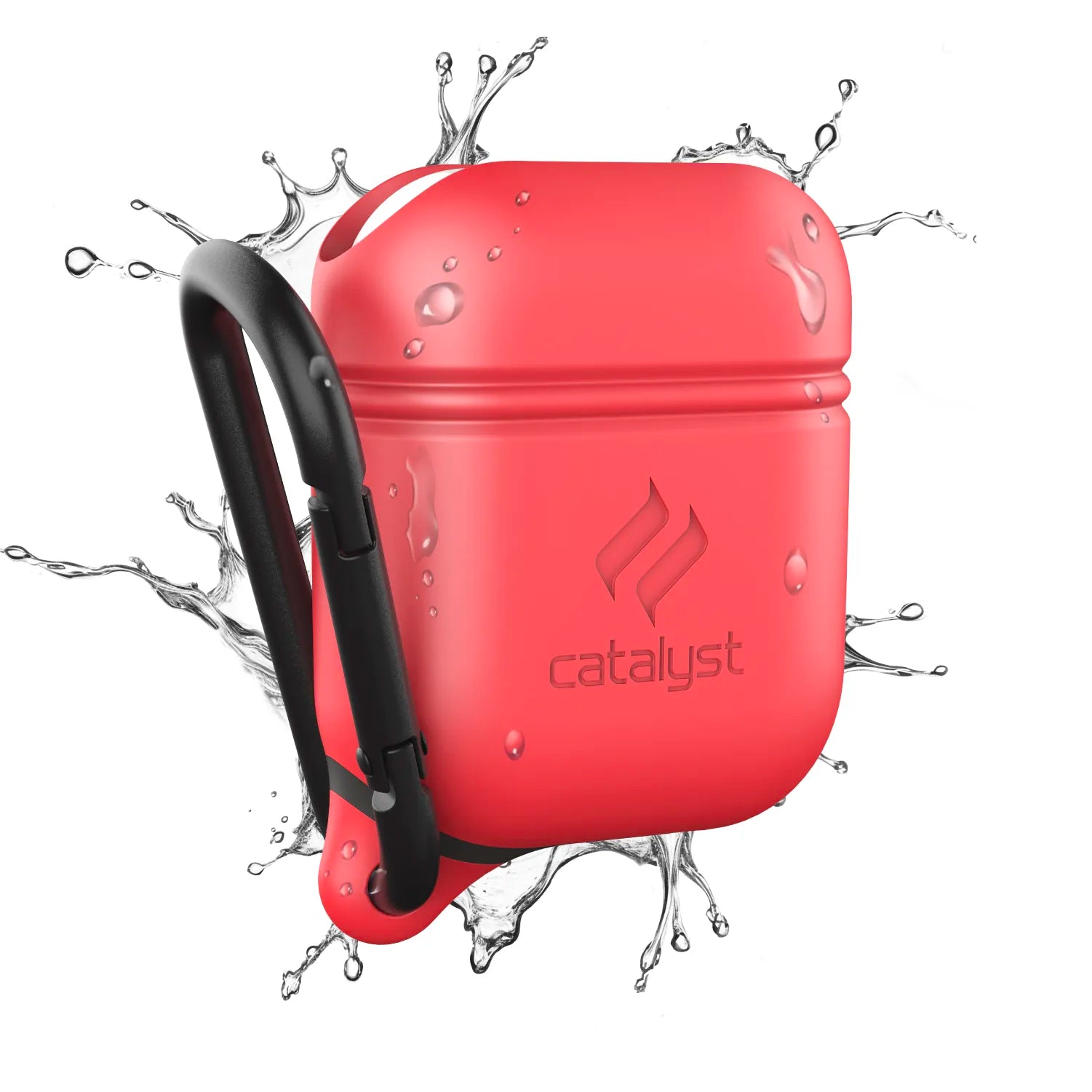 A coral AirPods (Gen 2/1) Waterproof Case + Carabiner from Catalyst Case US is shown with water splashing behind it and the Catalyst logo centered on front. The black carabiner is attached to the waterproof case.