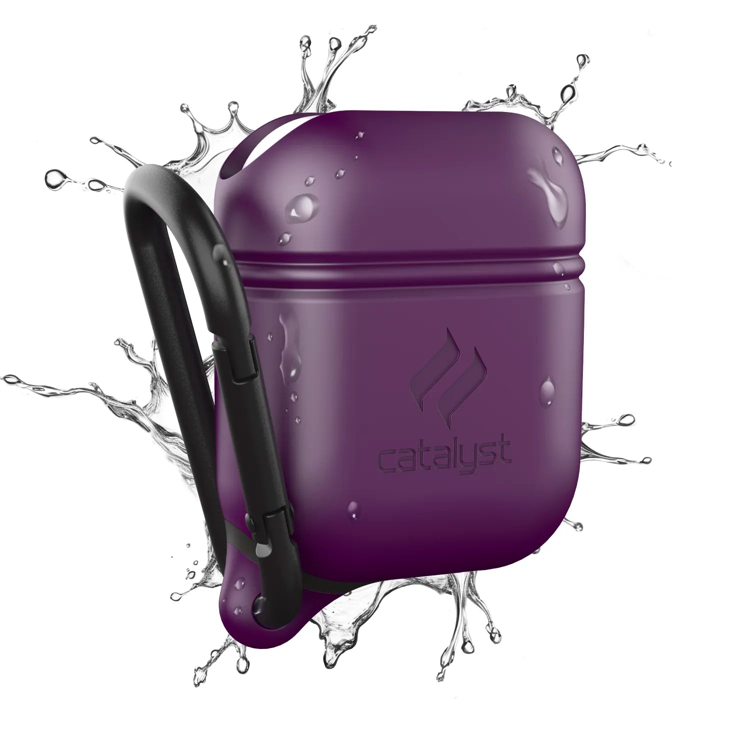 The Catalyst Case US AirPods (Gen 2/1) Waterproof Case in Deep Plum features a black carabiner. Water splashes around the case, highlighting its waterproof design. The Catalyst logo is embossed on the front.
