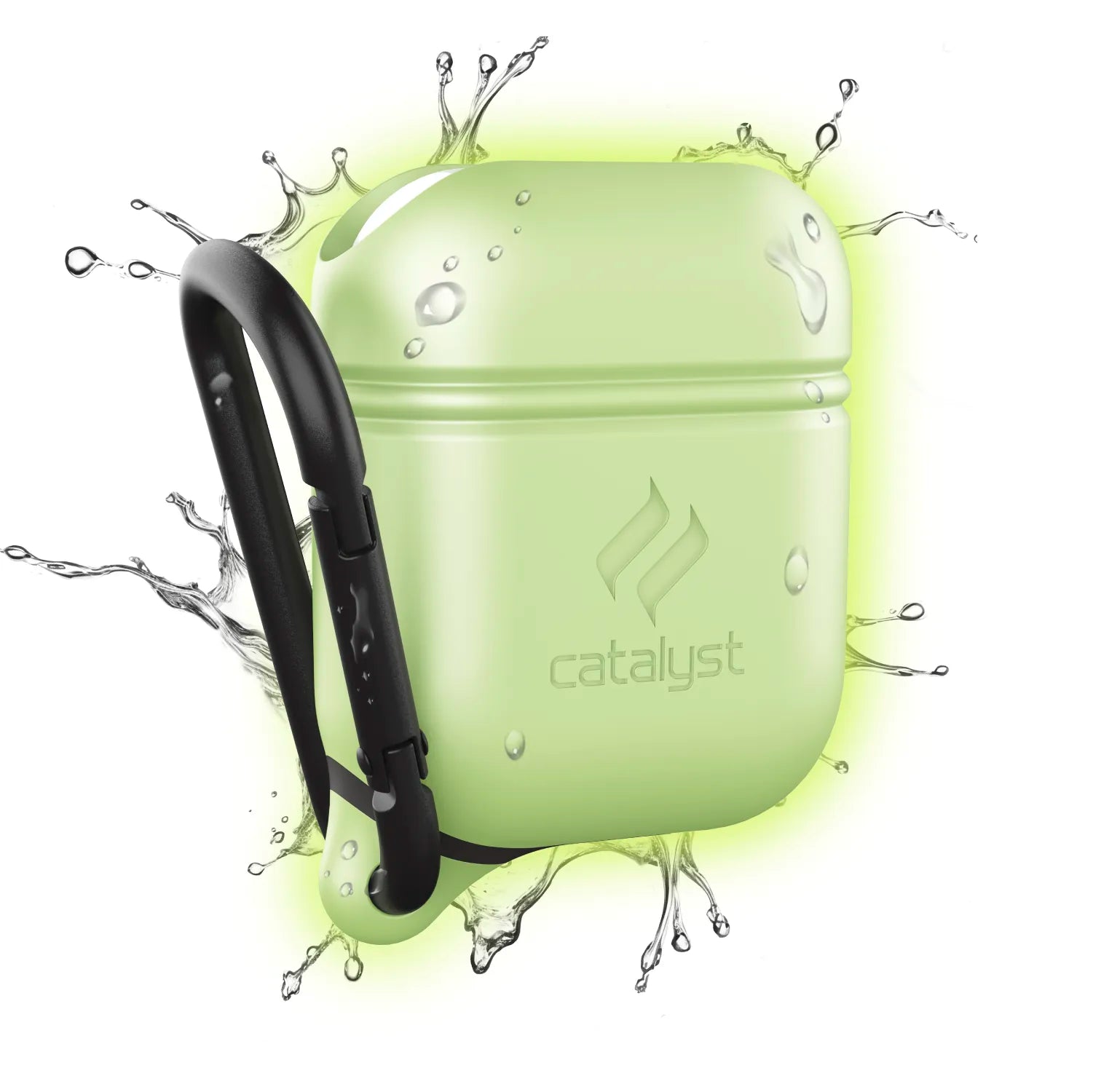 The Catalyst Case US AirPods (Gen 2/1) Waterproof Case + Carabiner is shown in a glow-in-the-dark color with water splashes, highlighting its water resistance. The embossed Catalyst logo appears on the front.