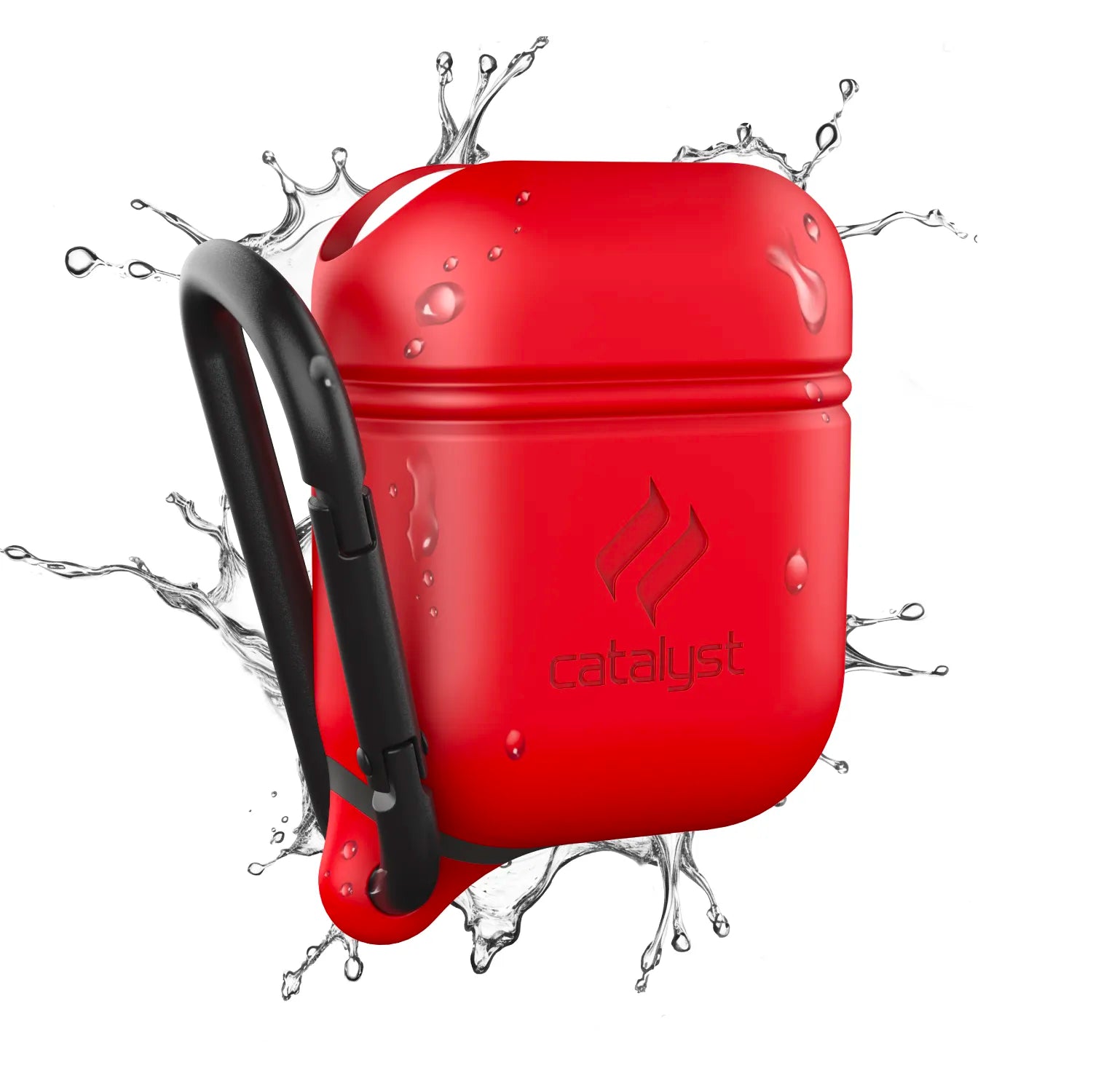 A Catalyst Case US AirPods (Gen 2/1) Waterproof Case in Flame Red is shown with a black carabiner attached. Water splashes highlight its waterproof feature. No product description is available for SEO keyword analysis.