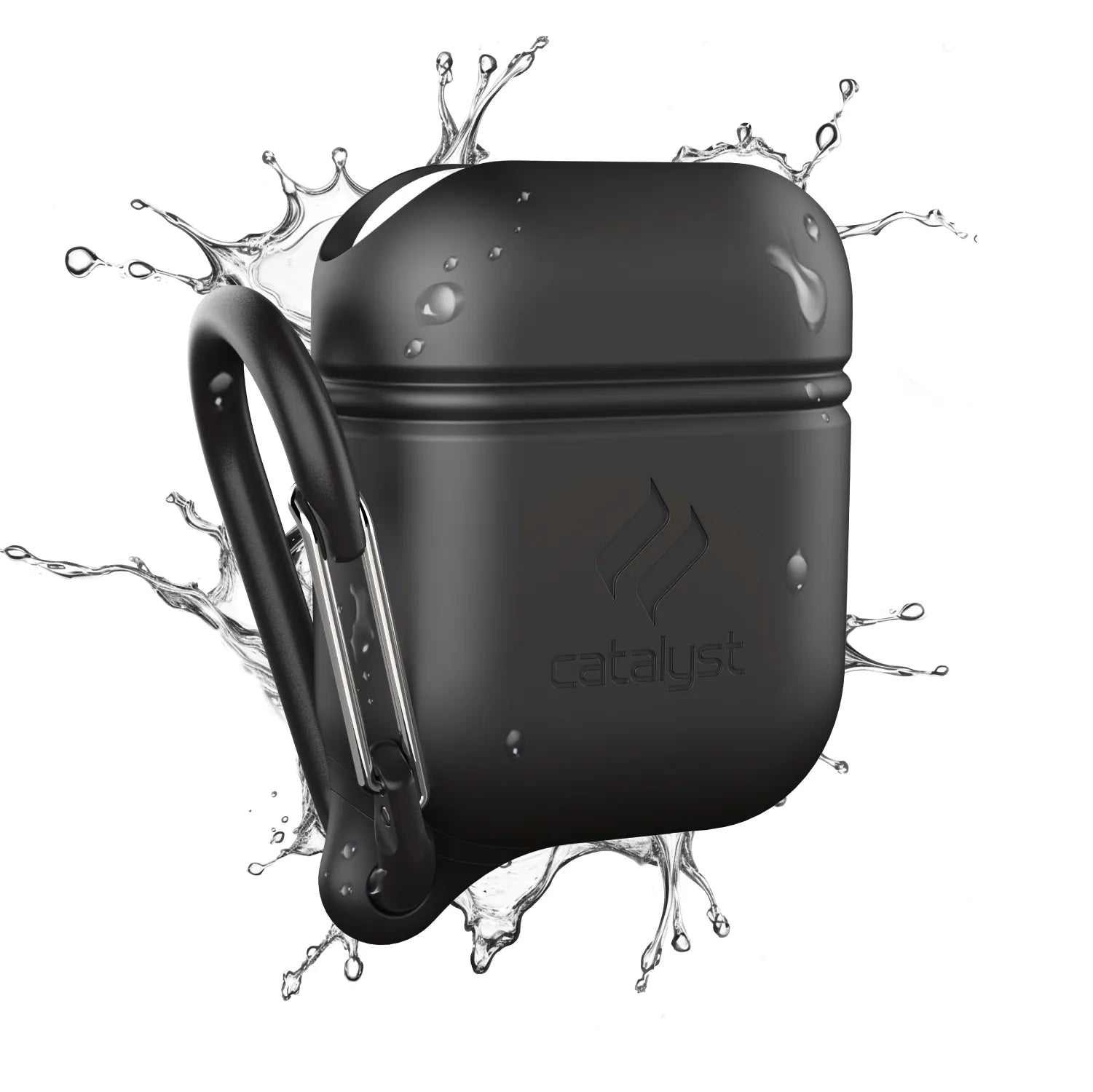 The Catalyst Case US AirPods (Gen 2/1) Waterproof Case + Carabiner is shown in black with the embossed Catalyst logo, set against a white background with water splashes to highlight its waterproof feature. No description is visible on the packaging.