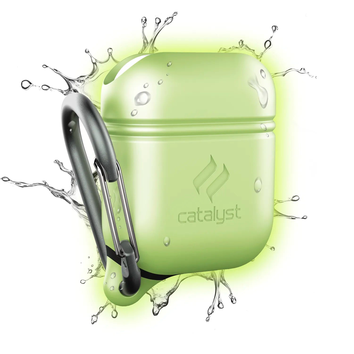 A Glow-In-The-Dark Catalyst Case US Waterproof Case + Carabiner for AirPods (Gen 2/1) is shown with water splashes, emphasizing its water-resistant design. No product description is available for additional SEO analysis.
