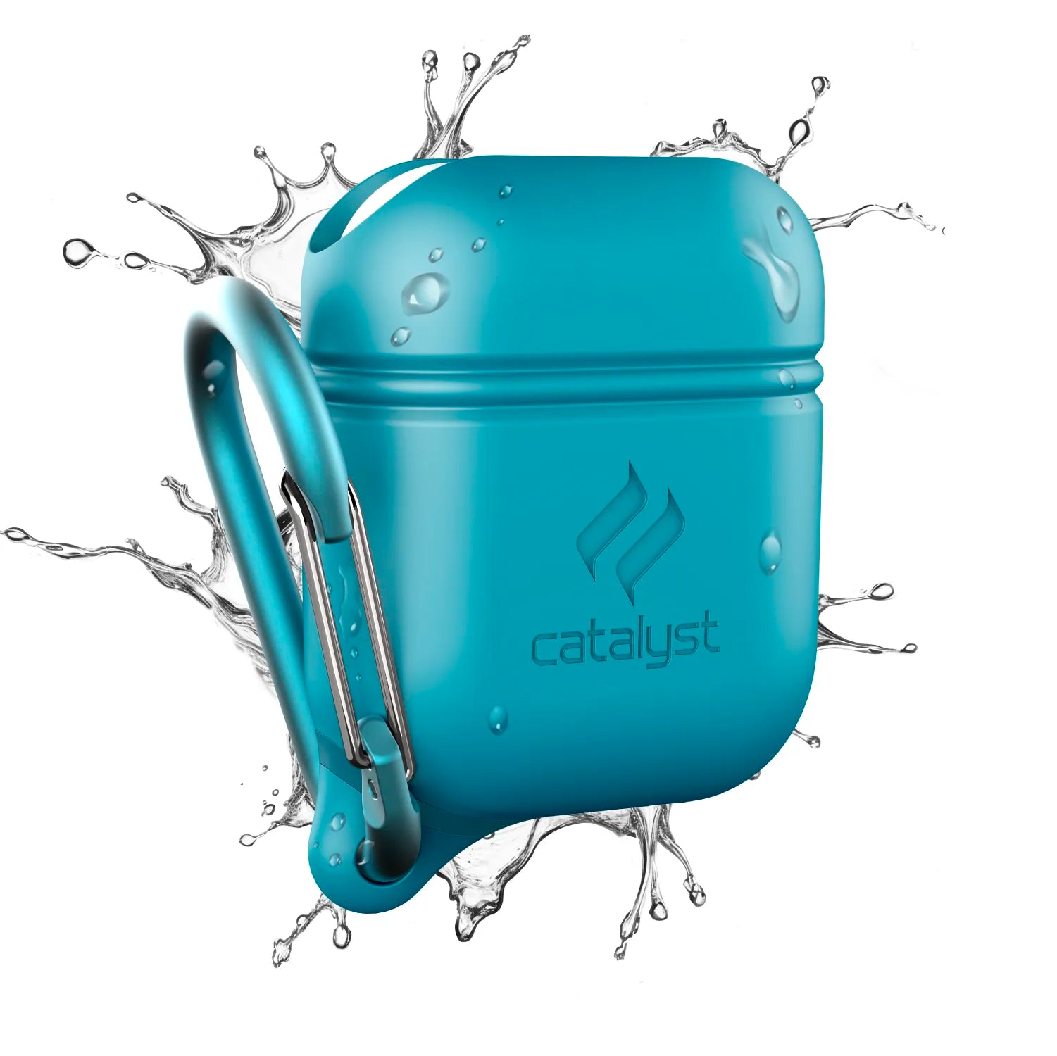 A blue Catalyst Case US Waterproof Case + Carabiner for AirPods (Gen 2/1) is shown with water splashing in the background, highlighting its protective design. The Catalyst logo features on the front, blending style and durability.