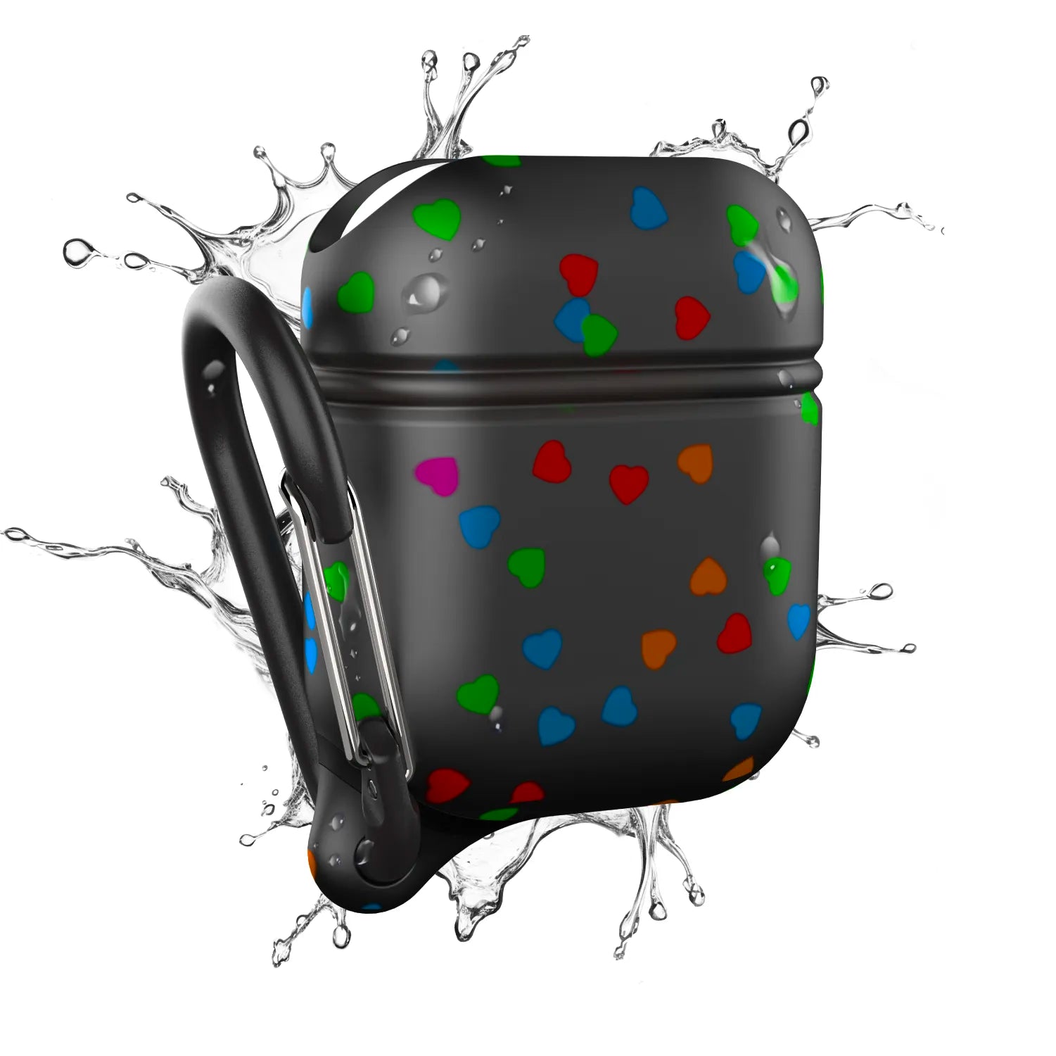 The Catalyst Case US AirPods (Gen 2/1) Waterproof Case + Carabiner is shown in black with red, blue, green, and orange hearts, offering stylish protection for your AirPods.