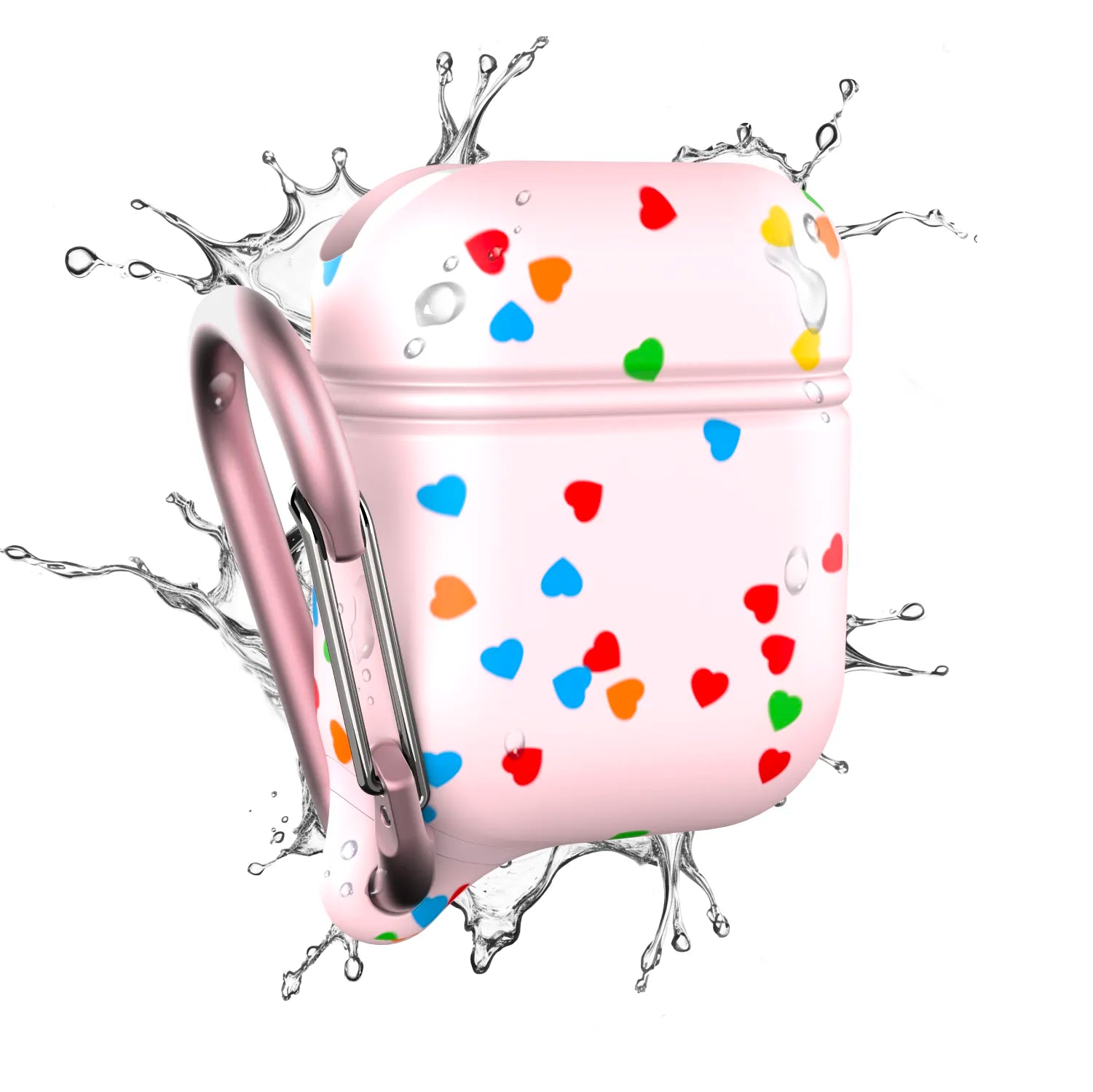 The Catalyst Case US AirPods (Gen 2/1) Waterproof Case features a pink design with colorful hearts and comes with a matching carabiner. Water splashes in the background highlight its waterproof protection.