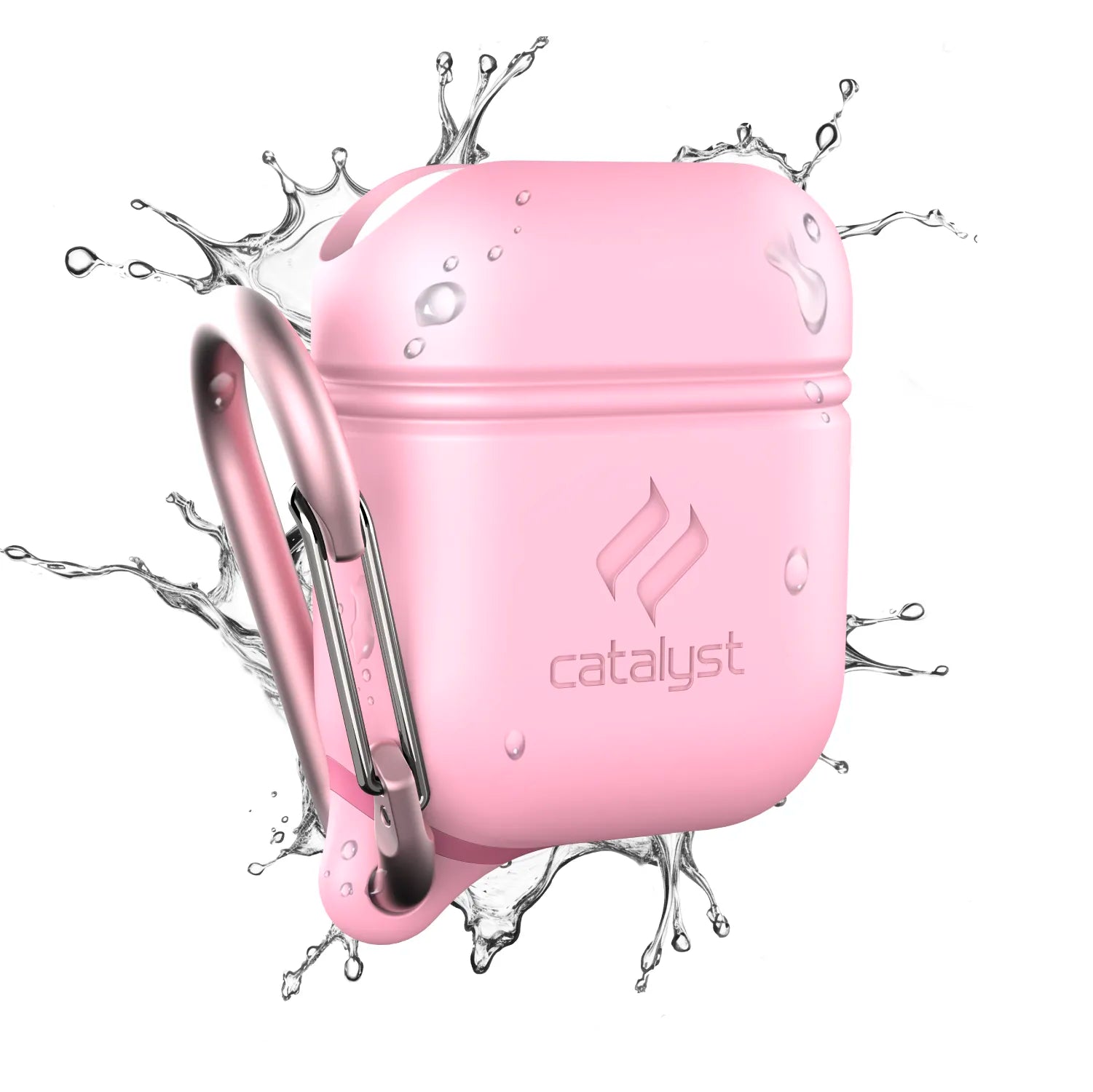 A pink Catalyst Case US AirPods (Gen 2/1) Waterproof Case + Carabiner is shown with water splashes highlighting its waterproof design. The Catalyst logo appears on the front, and the background is white.