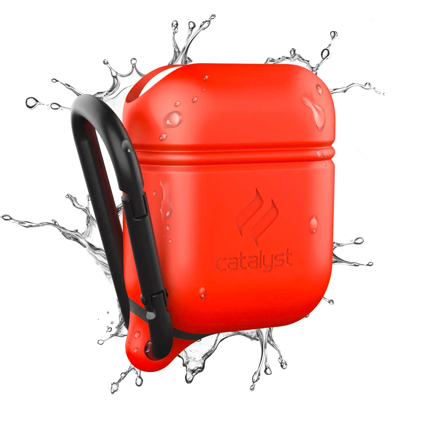 The Catalyst Case US AirPods (Gen 2/1) Waterproof Case + Carabiner in Orange Sunset is shown with water splashing around it, highlighting its waterproof design and the attached black carabiner for easy carrying.