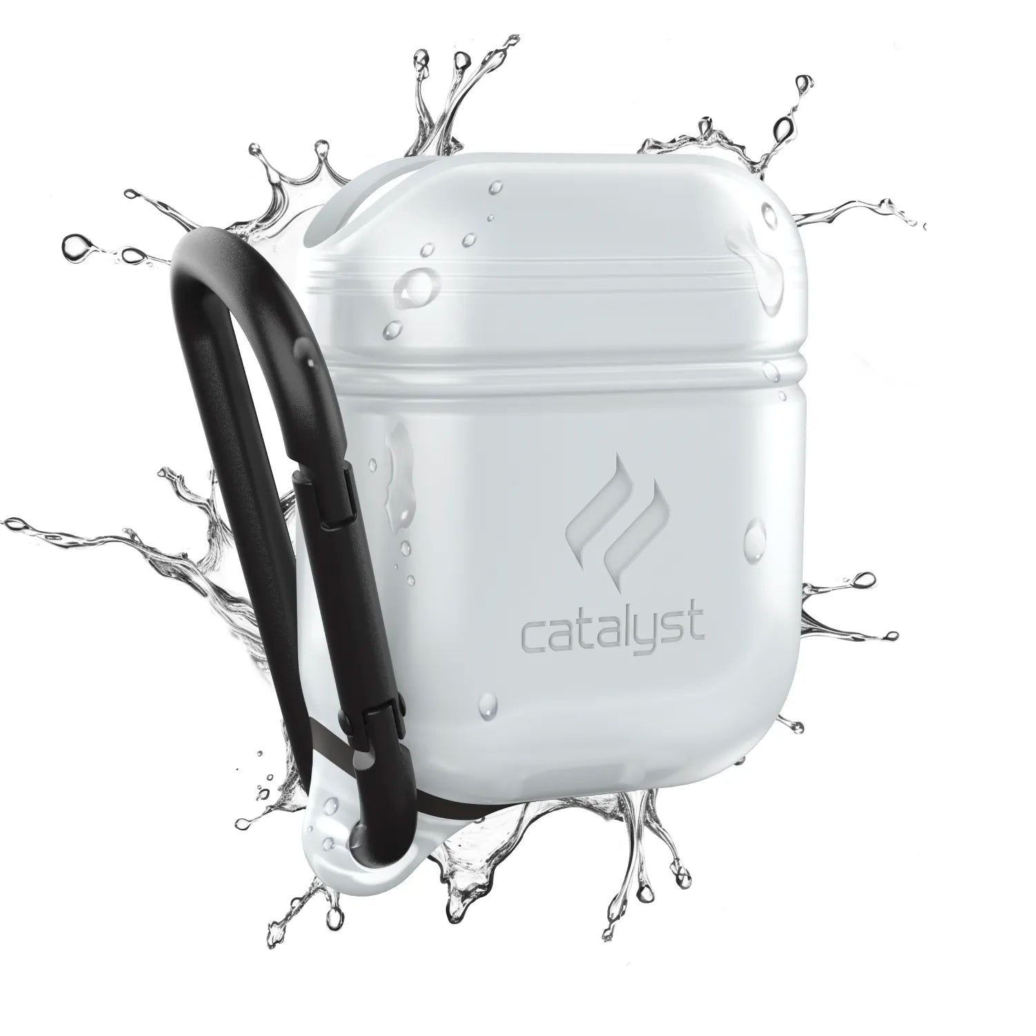 The Catalyst Case US AirPods (Gen 2/1) Waterproof Case + Carabiner in Frost White is shown with water splashes, displaying its waterproof design. The Catalyst logo appears on the front. No product description is available for SEO analysis.