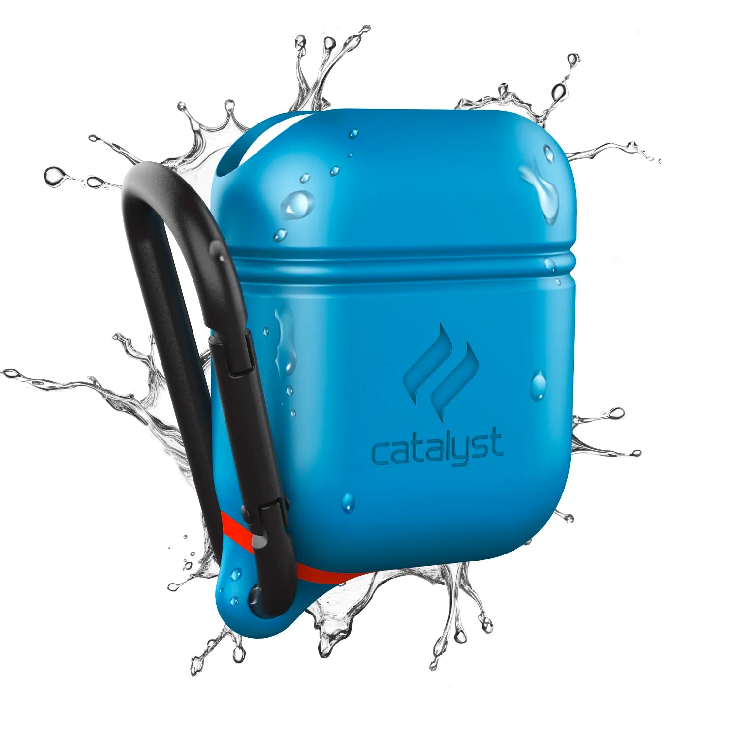 The Catalyst Case US AirPods (Gen 2/1) Waterproof Case + Carabiner in Blueridge/Sunset is shown against a white background with water splashes, highlighting its durable protection and the Catalyst logo on the front.