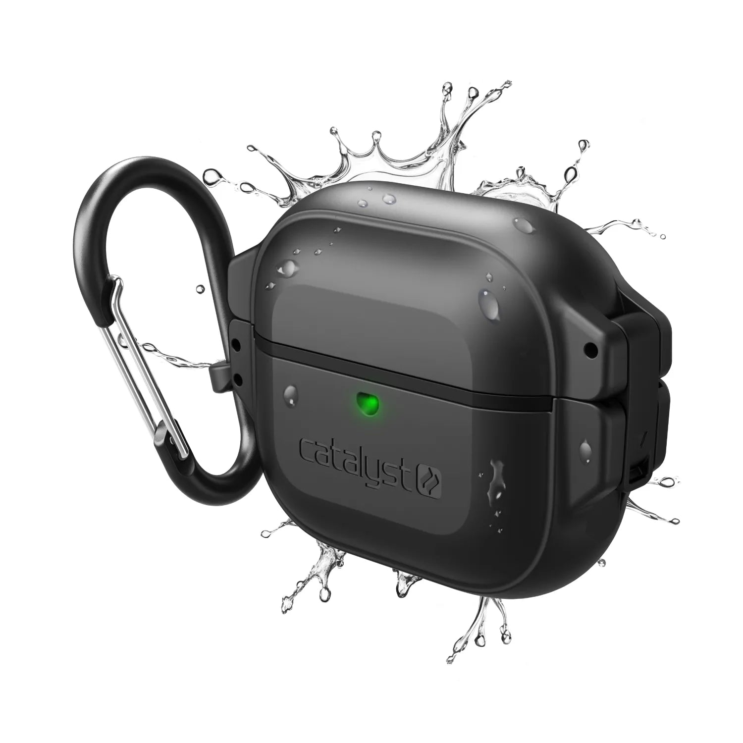 The Catalyst Case US AirPods (Gen 3) 330ft Waterproof Total Protection Case in Stealth Black is shown with a carabiner and water splashes, showcasing durable, reliable protection and ideal waterproof performance for your wireless earbuds.