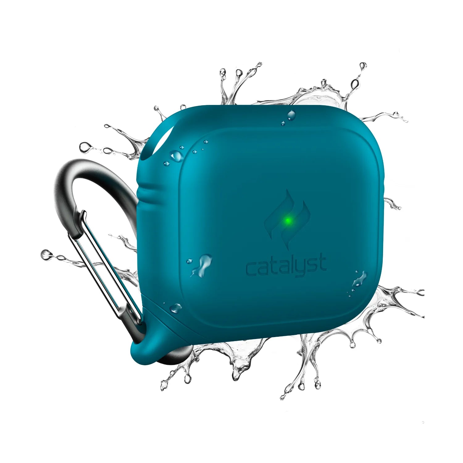 The Catalyst Case US AirPods (Gen 3) Waterproof Case in Marine Blue offers rugged protection for wireless earbuds and includes a metal carabiner. Water splashes, a green light, and the Catalyst logo are visible on the white background.