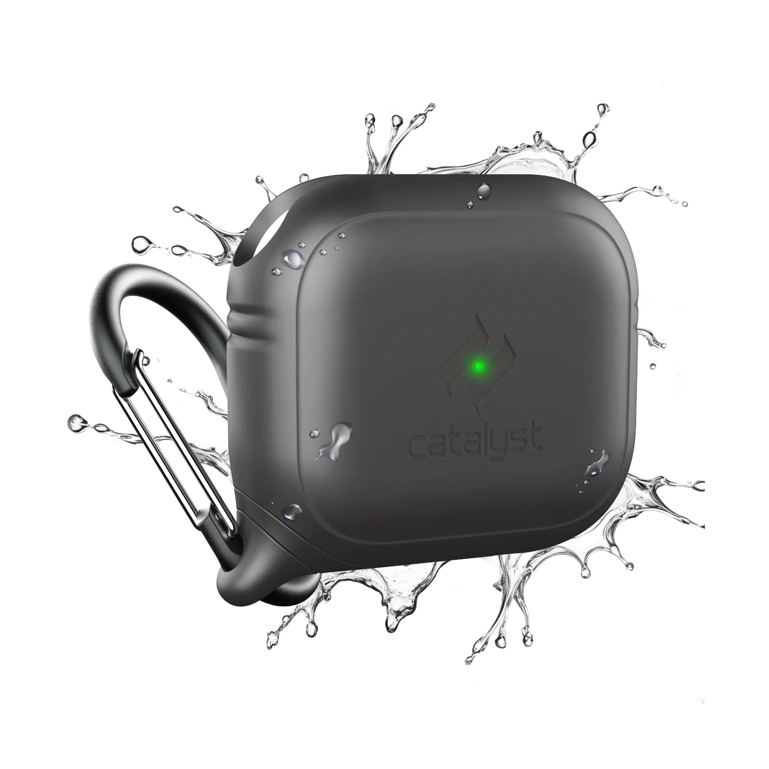 The Catalyst Case US AirPods (Gen 3) Waterproof Case + Carabiner in Space Gray is shown with a green LED indicator, water splashing around its rugged design, and a metal carabiner, all set against a white background.