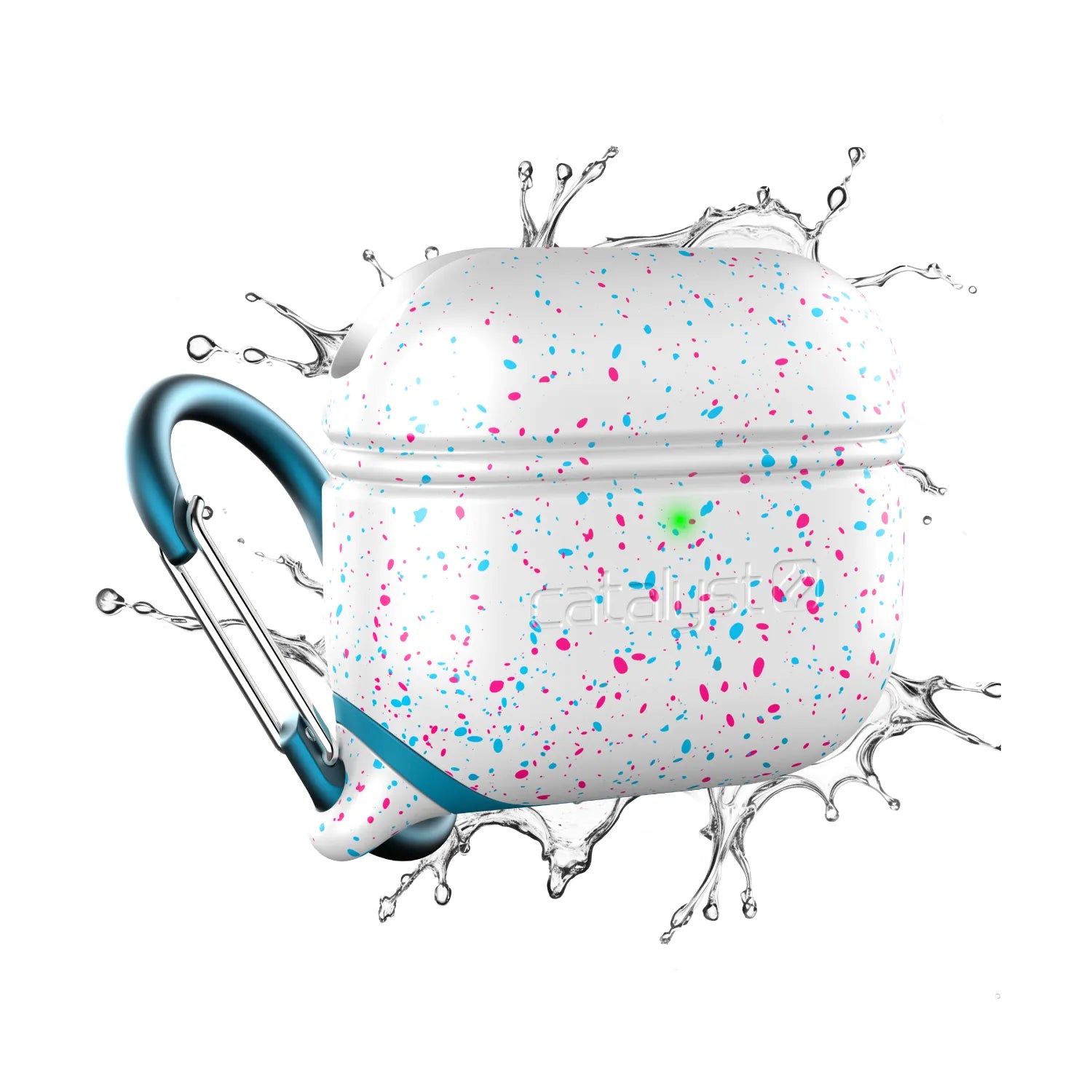 The Catalyst Case US AirPods (Gen 3) - Waterproof Case + Carabiner in Funfetti offers rugged, waterproof protection, a blue carabiner, and wireless charging compatibility. Its white design has blue and pink paint splatters for a fun look.