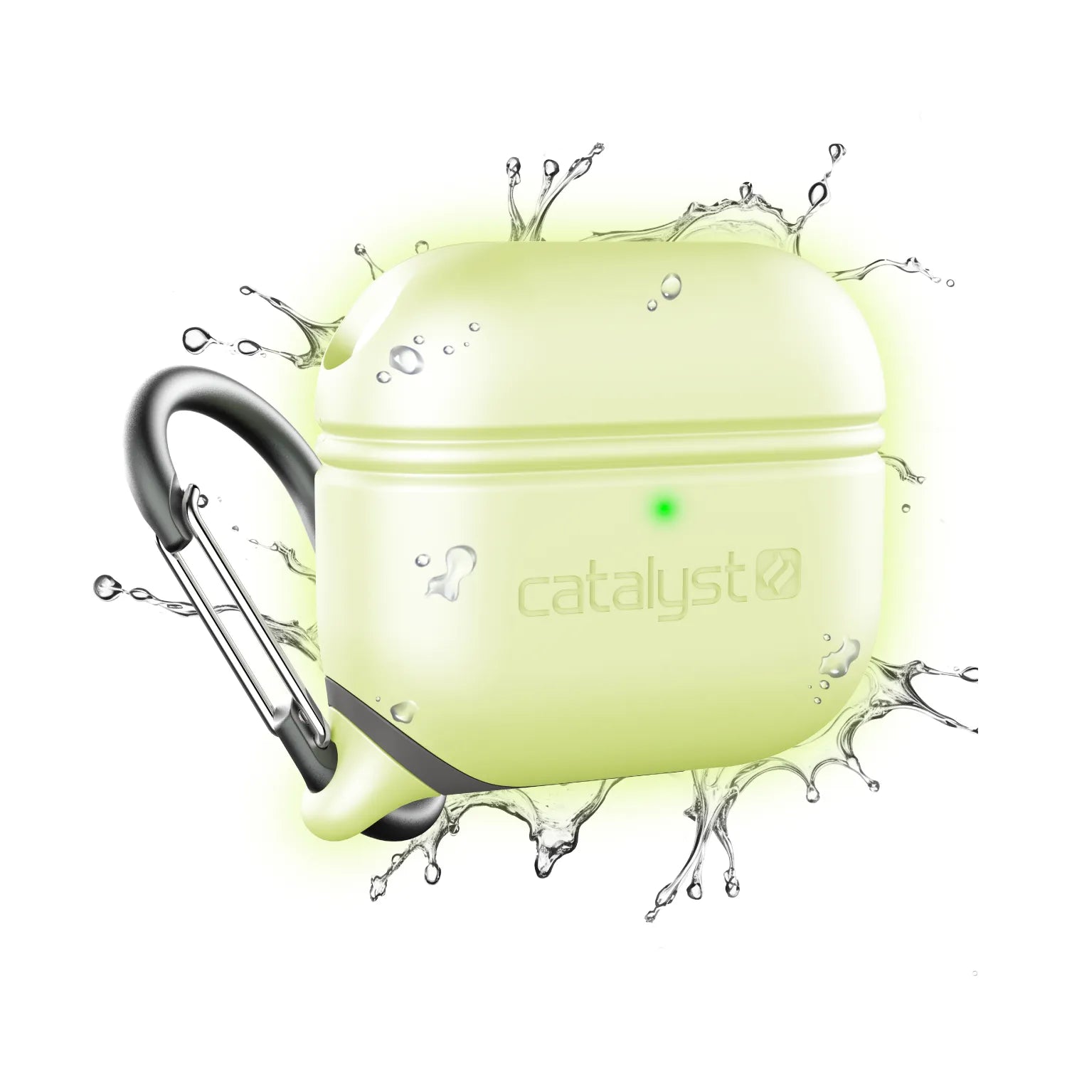 The Catalyst Case US AirPods (Gen 3) Waterproof Case + Carabiner in Glow In The Dark offers rugged, water-resistant protection, features a green wireless charging LED above the Catalyst logo, and is shown with water splashes to highlight durability.