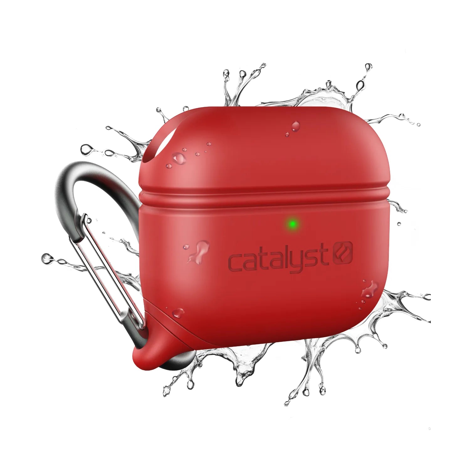 The Catalyst Case US AirPods (Gen 3) Waterproof Case + Carabiner, shown in red, features rugged protection and water resistance. A small green LED and embossed logo are on the front. Compatible with wireless charging; background is white.
