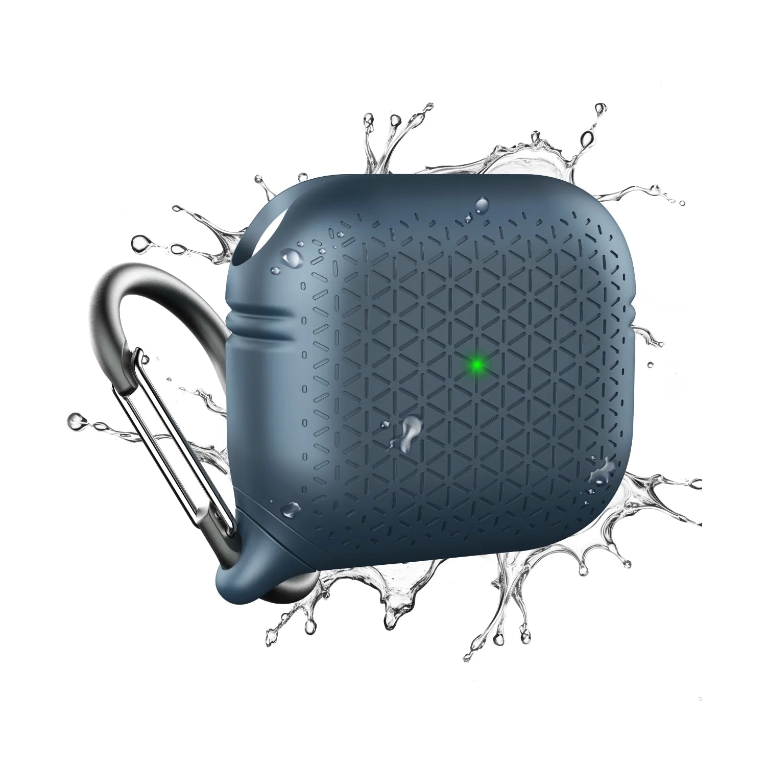 The Catalyst Case US AirPods (Gen 3) Waterproof Case in Oceanic Blue Textured features rugged protection, a geometric design, green LED dot, water splash accents, and a metal carabinerâ€â€Âshowcasing water resistance and portability on a white background.