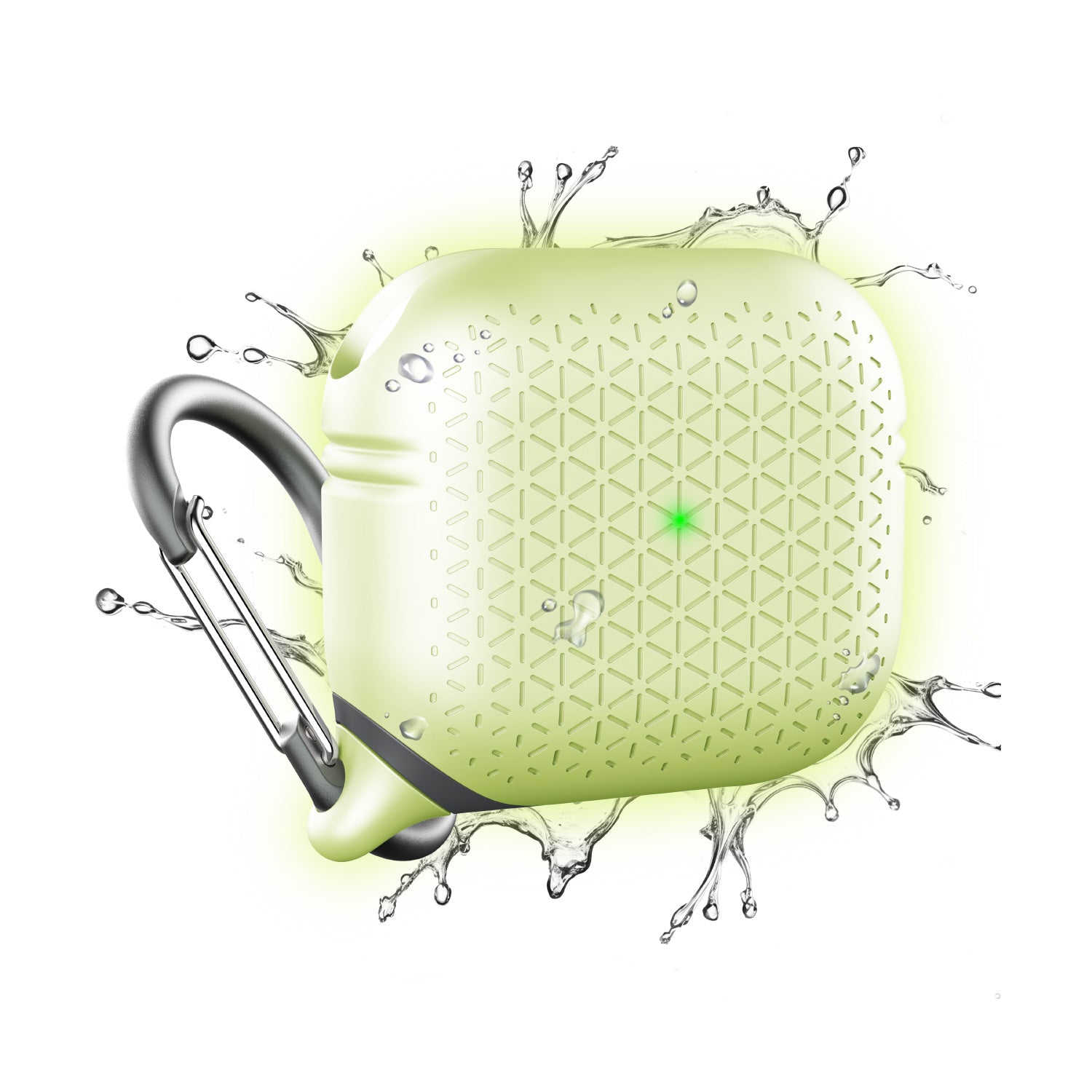 The Catalyst Case US AirPods (Gen 3) Waterproof Case + Carabiner in Glow In The Dark Textured is pictured amid splashing water, showcasing its rugged, stylish protection and modern textured design with a glowing green finish.