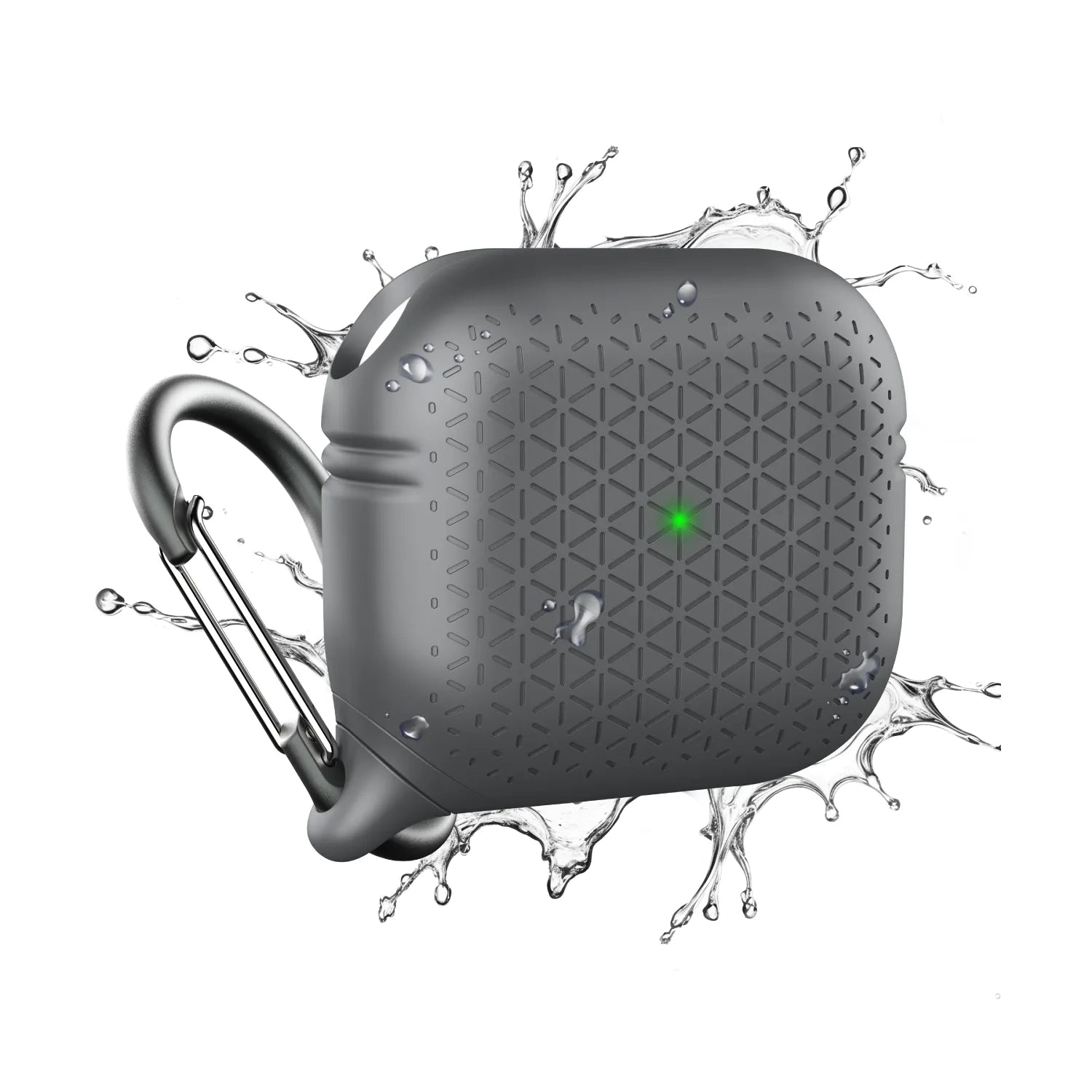 The Catalyst Case US AirPods (Gen 3) Waterproof Case in Battleship Gray Textured features rugged protection, a geometric pattern, green LED indicator, and side carabiner for portability. Shown with water splashes on a white background.