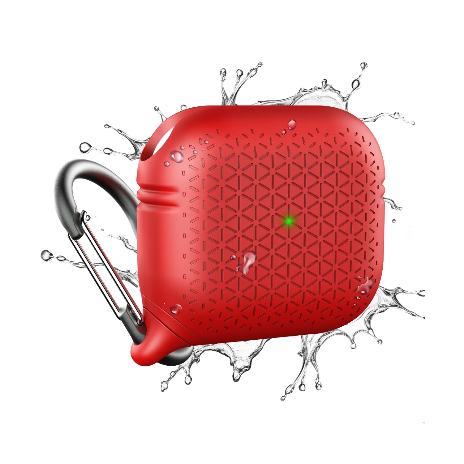 The Catalyst Case US AirPods (Gen 3) Waterproof Case + Carabiner in Red Textured features rugged, geometric protection and a green LED on the front. Water splashes highlight its resistance, all shown against a white background.