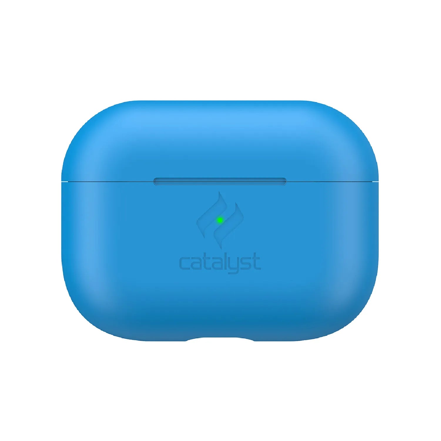 A Neon Blue Catalyst Case US Slim Case for AirPods Pro (Gen 2/1) with rounded edges, a horizontal seam, LED indicator, and embossed logo is shown against a white background.