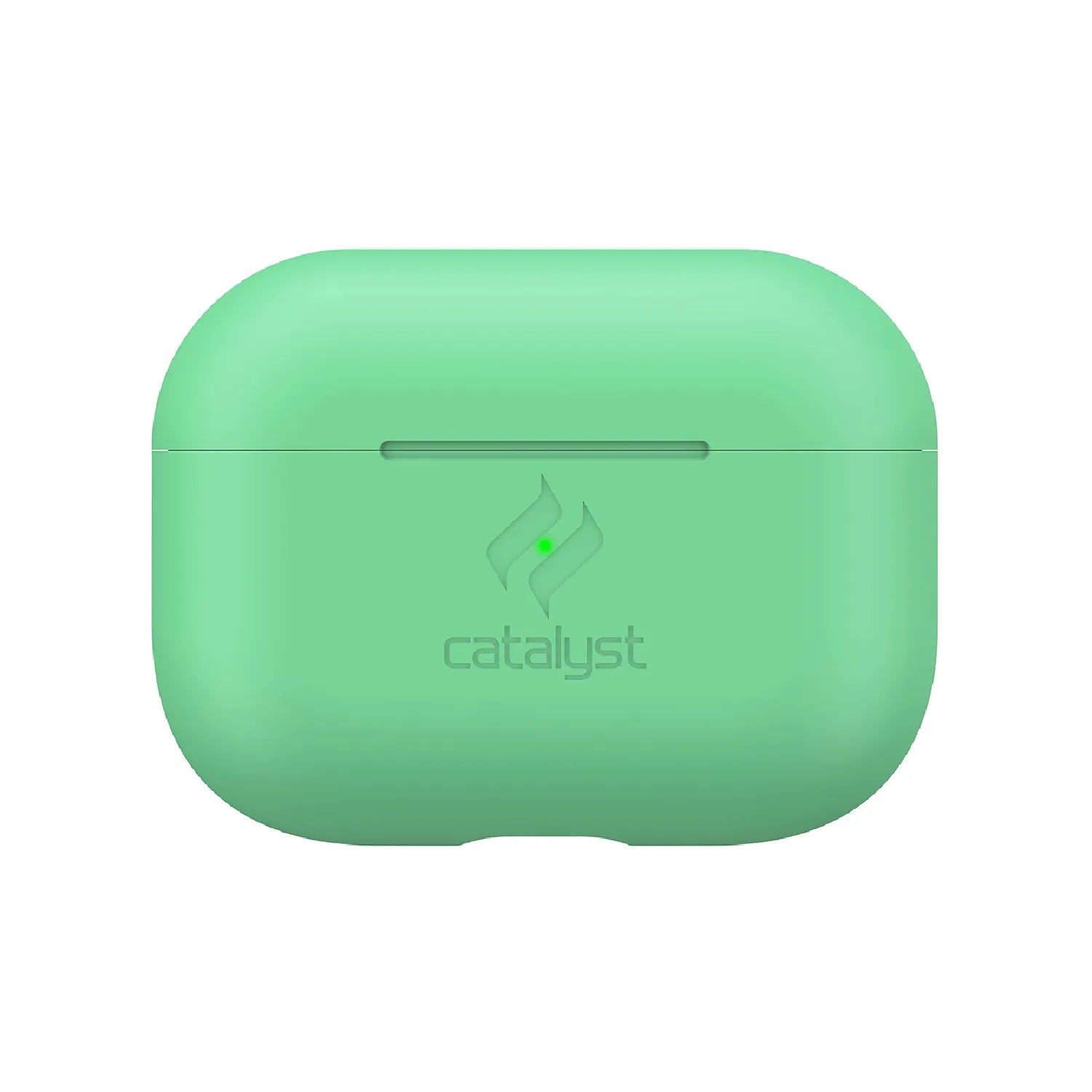 A mint green Catalyst Case US Slim Case for AirPods Pro (Gen 2/1) is shown closed on a white background, featuring rounded edges, a centered front logo, and a visible horizontal seam marking the lid.