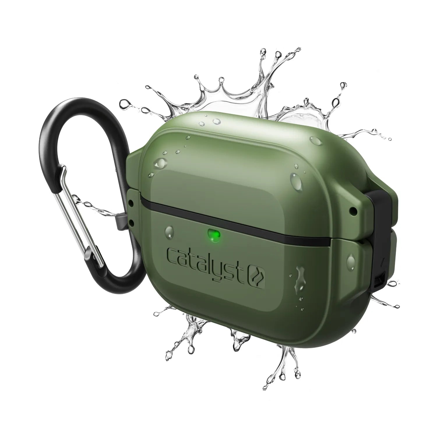 The Catalyst Case US AirPods Pro (Gen 2/1) Army Green case offers 100M waterproof total protection and comes with a carabiner, shown against water splashes to highlight its durability.