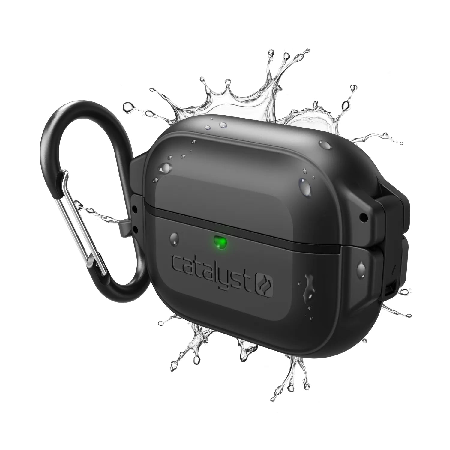 Catalyst Case US AirPods Pro (Gen 2/1) case in Stealth Black with a metal carabiner is shown surrounded by water splashes, emphasizing its 100M waterproof protection. A green LED light appears on the front of the case.
