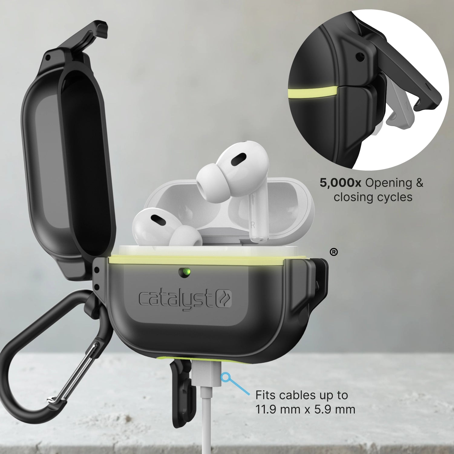 A Catalyst Case US AirPods Pro (Gen 2/1) 100M Waterproof Total Protection Case with carabiner is open, showing white earbuds and a charging cable. Text highlights its durability (5,000 cycles) and wide cable compatibility.