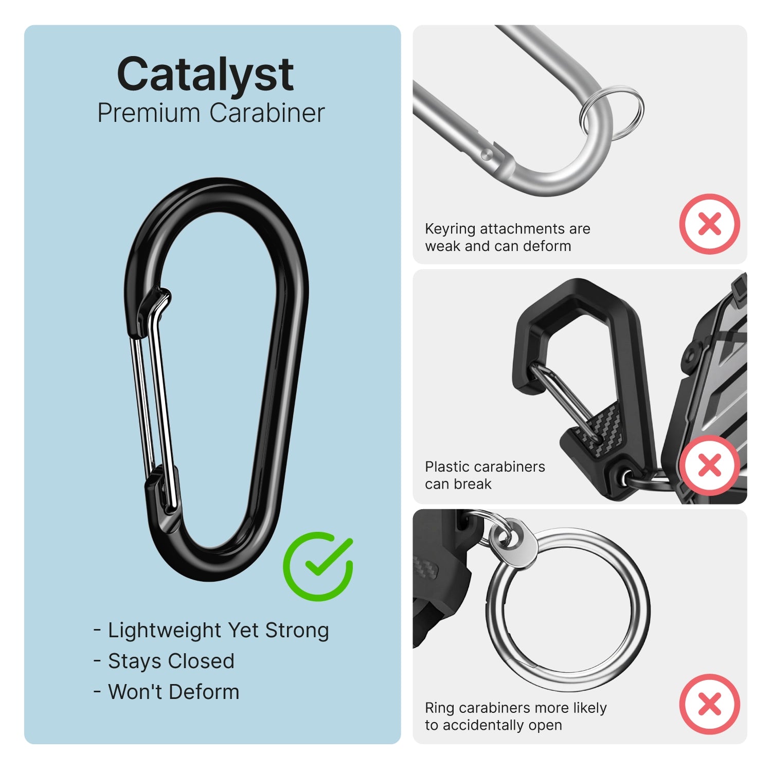 The Catalyst Case US AirPods Pro (Gen 2/1) 100M Waterproof Total Protection Case + Carabiner is shown left, featuring a strong black metal carabiner. Right images with red Xs highlight weak alternatives: bent/broken rings and flimsy plastic clips.